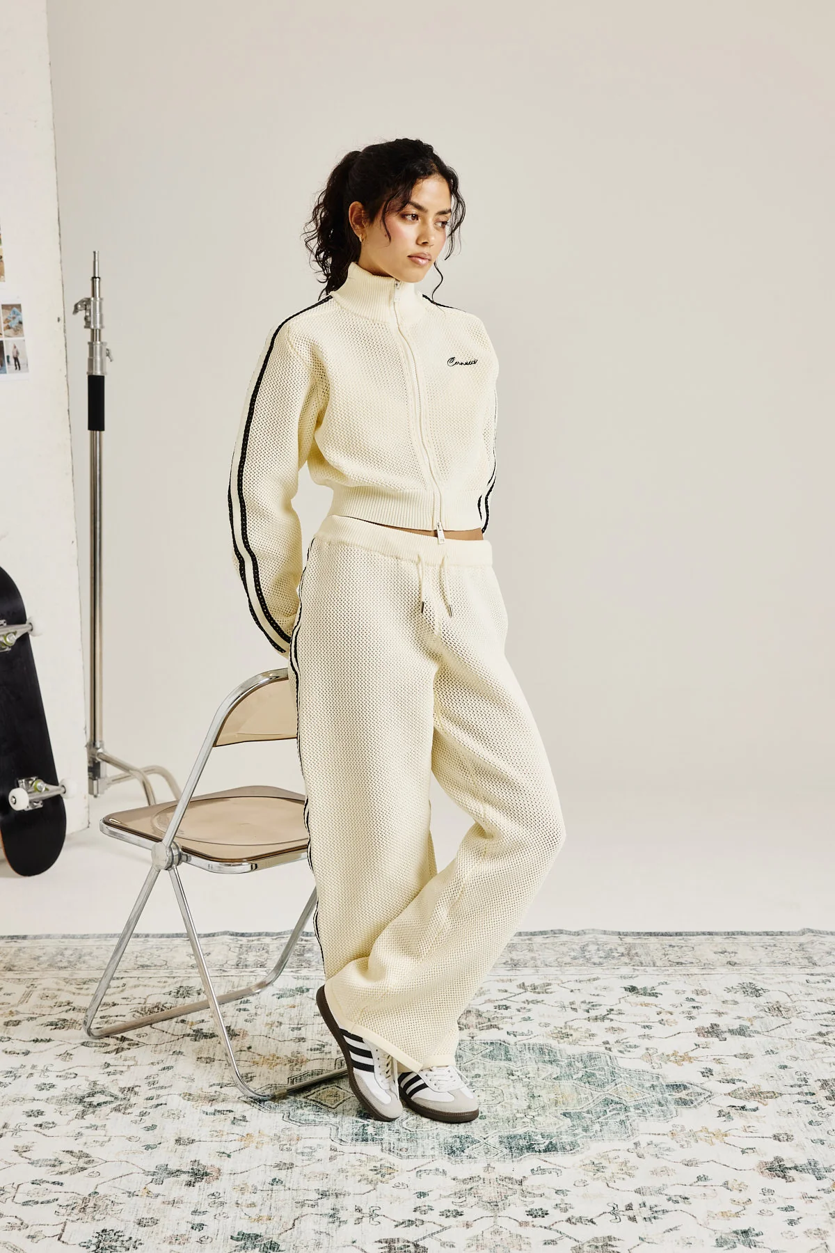 Knitted Taping Funnel Neck Track Jacket & Wide Leg Jogger - Off White - Image 2