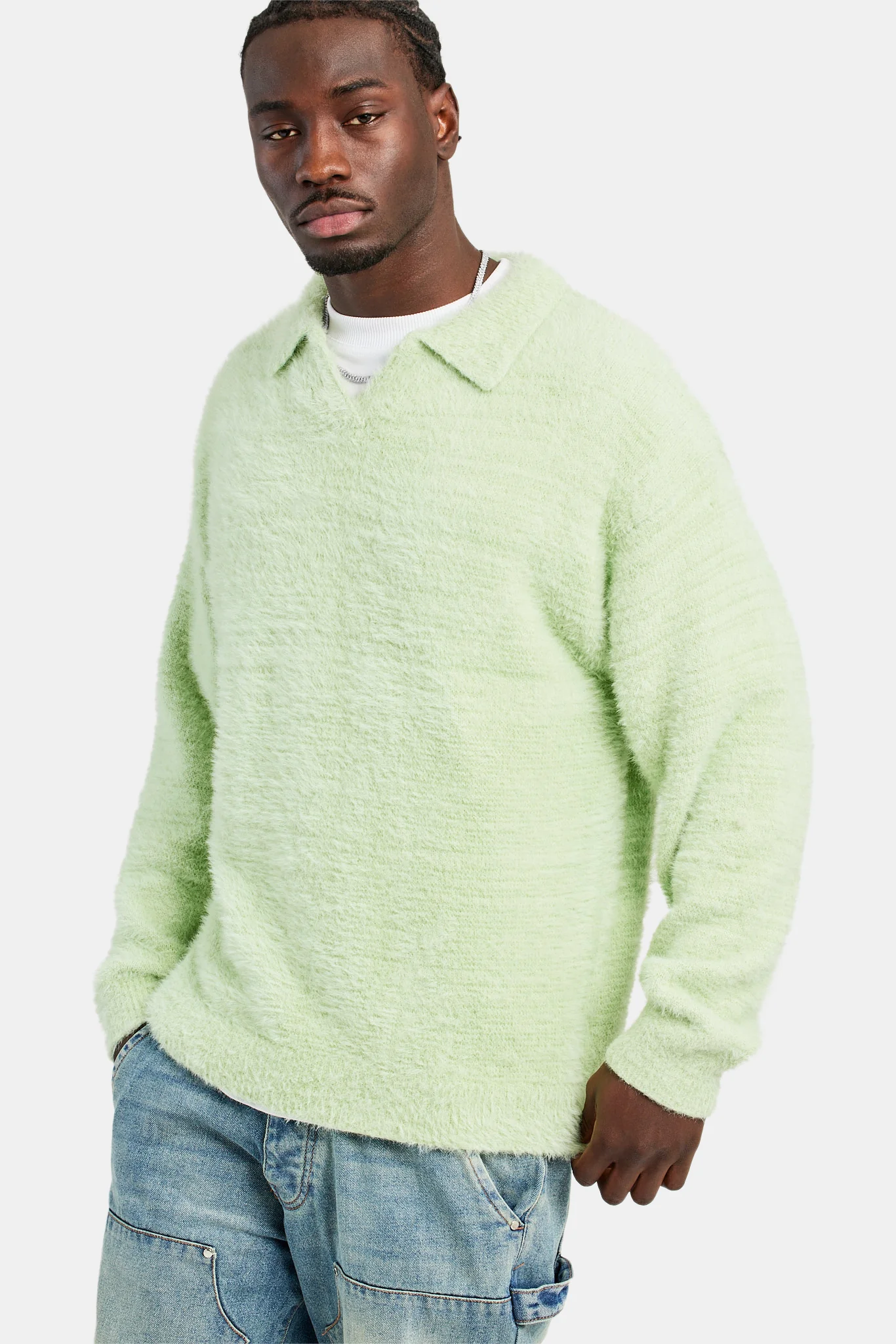 Knitted V Neck Polo - Lime - Image 2