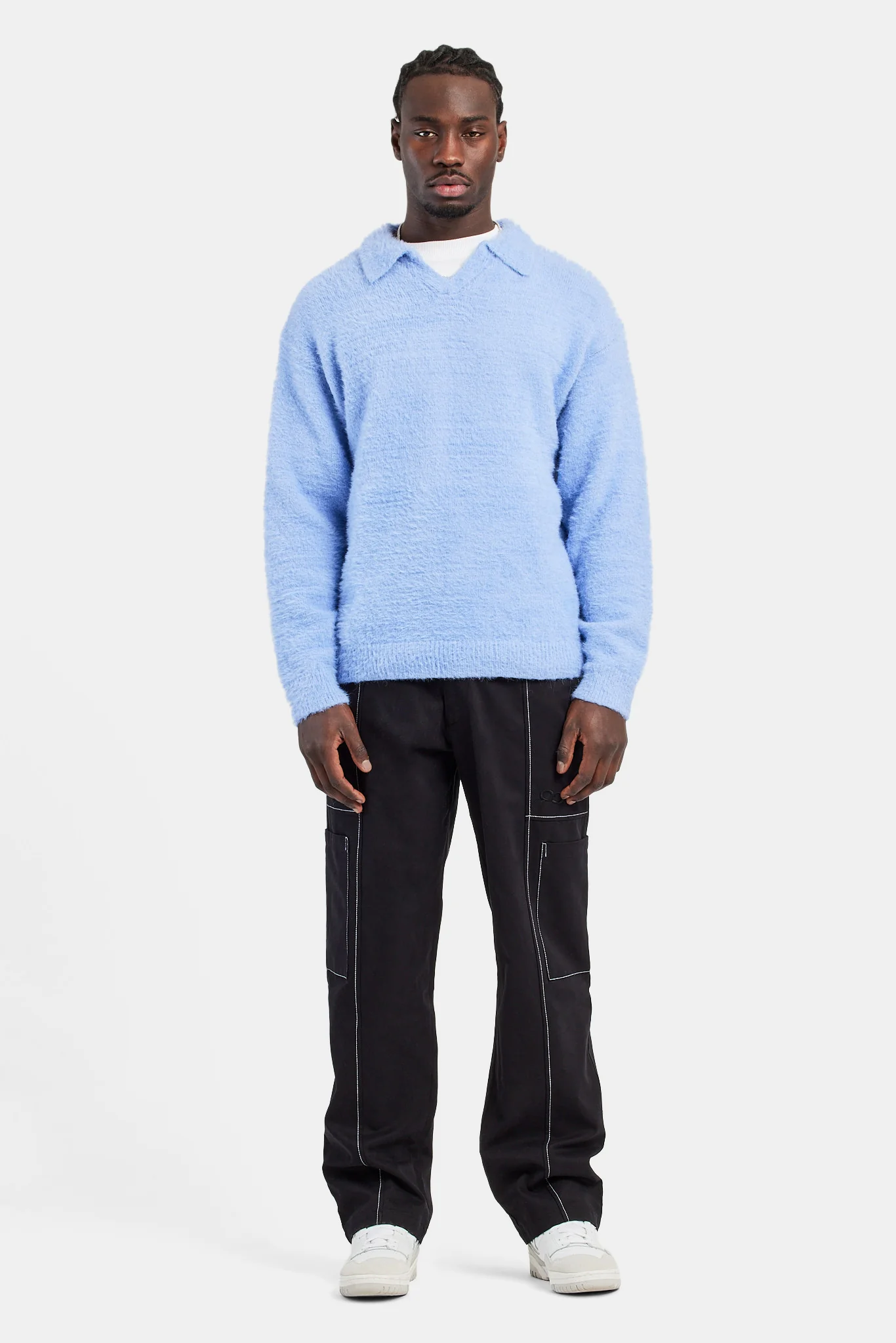 Knitted V Neck Polo - Powder Blue - Image 2