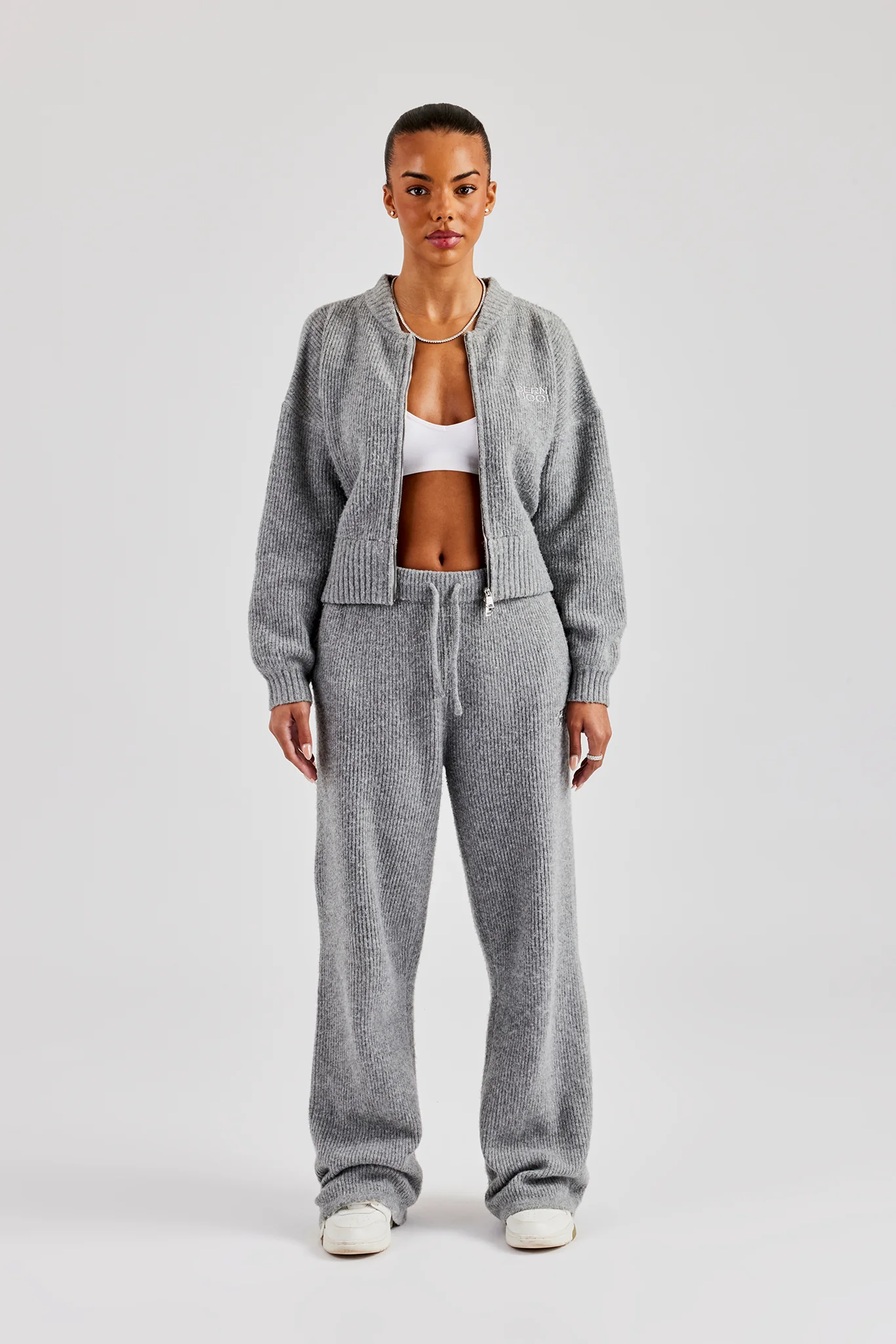 Knitted Zip Bomber & Straight Leg Trouser - Grey - Image 5