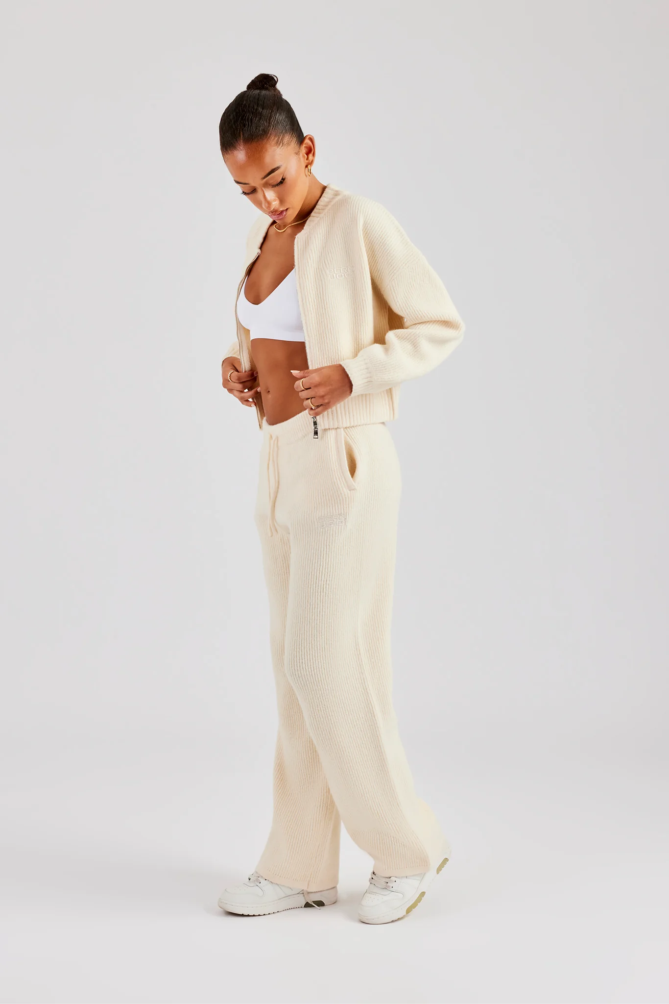Knitted Zip Front Bomber and Jogger - Oatmeal - Image 3