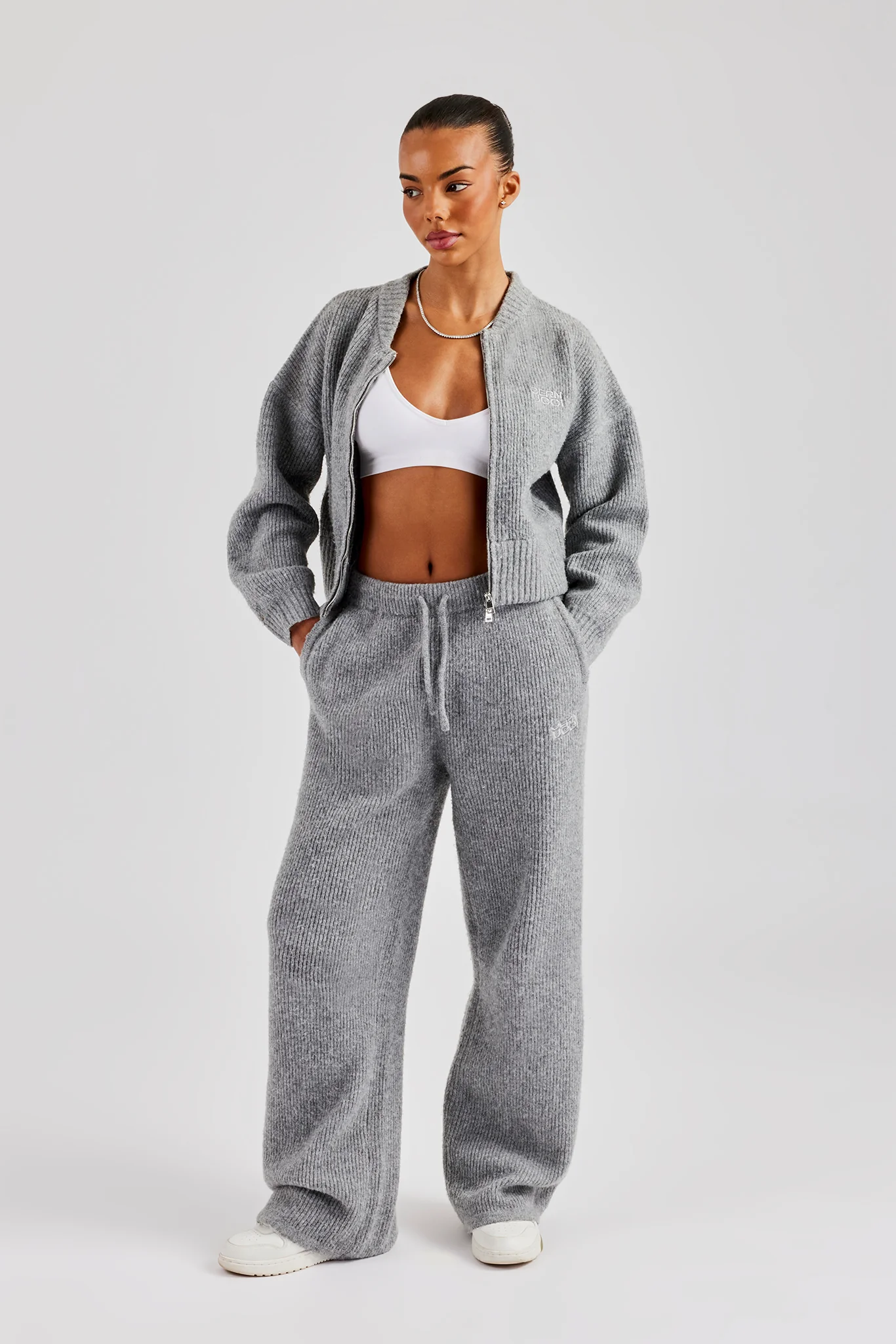 Knitted Zip Front Bomber - Grey - Image 2