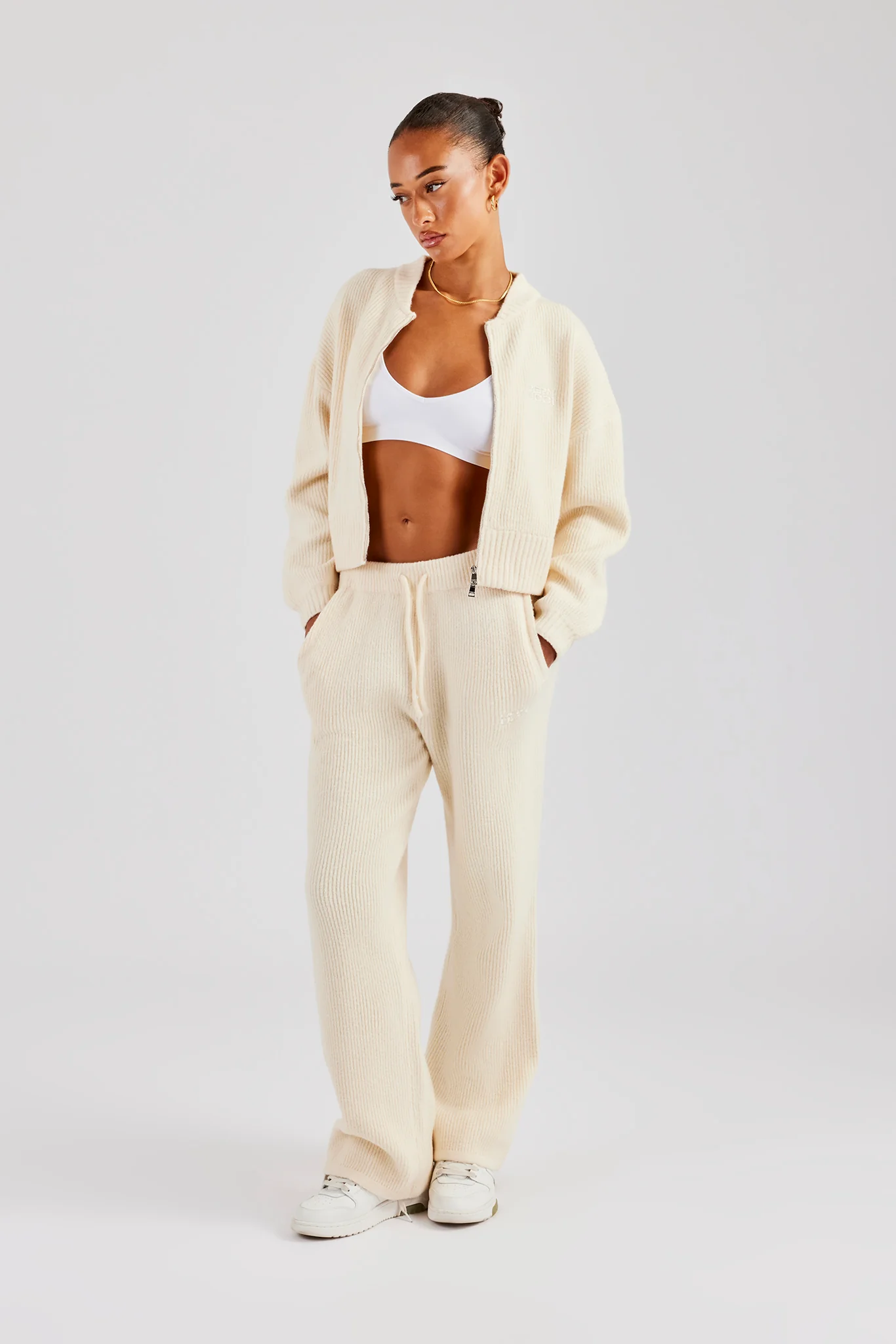 Knitted Zip Front Bomber - Oatmeal - Image 2