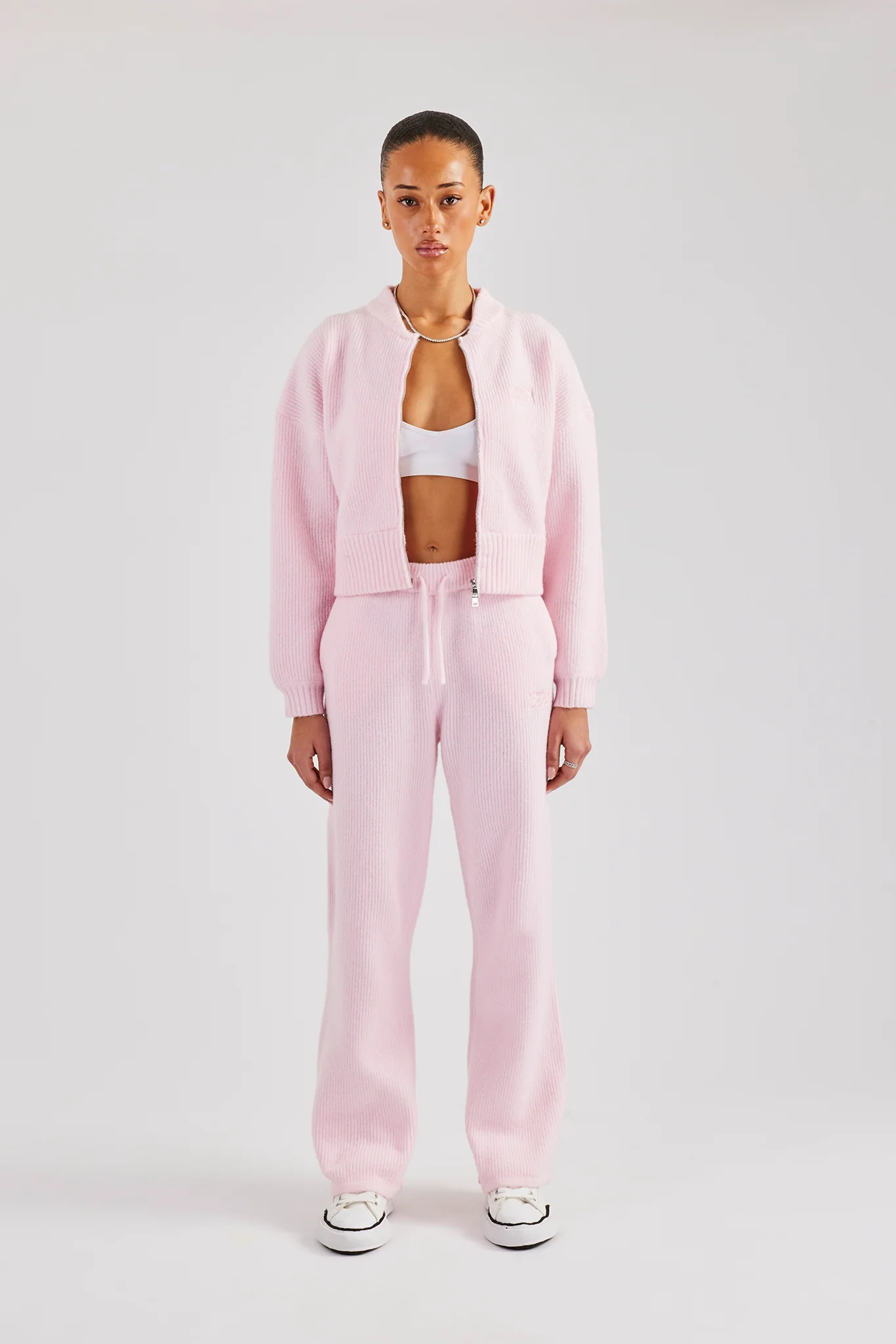 Knitted Zip Front Bomber & Straight Leg Trouser - Baby Pink - Image 2