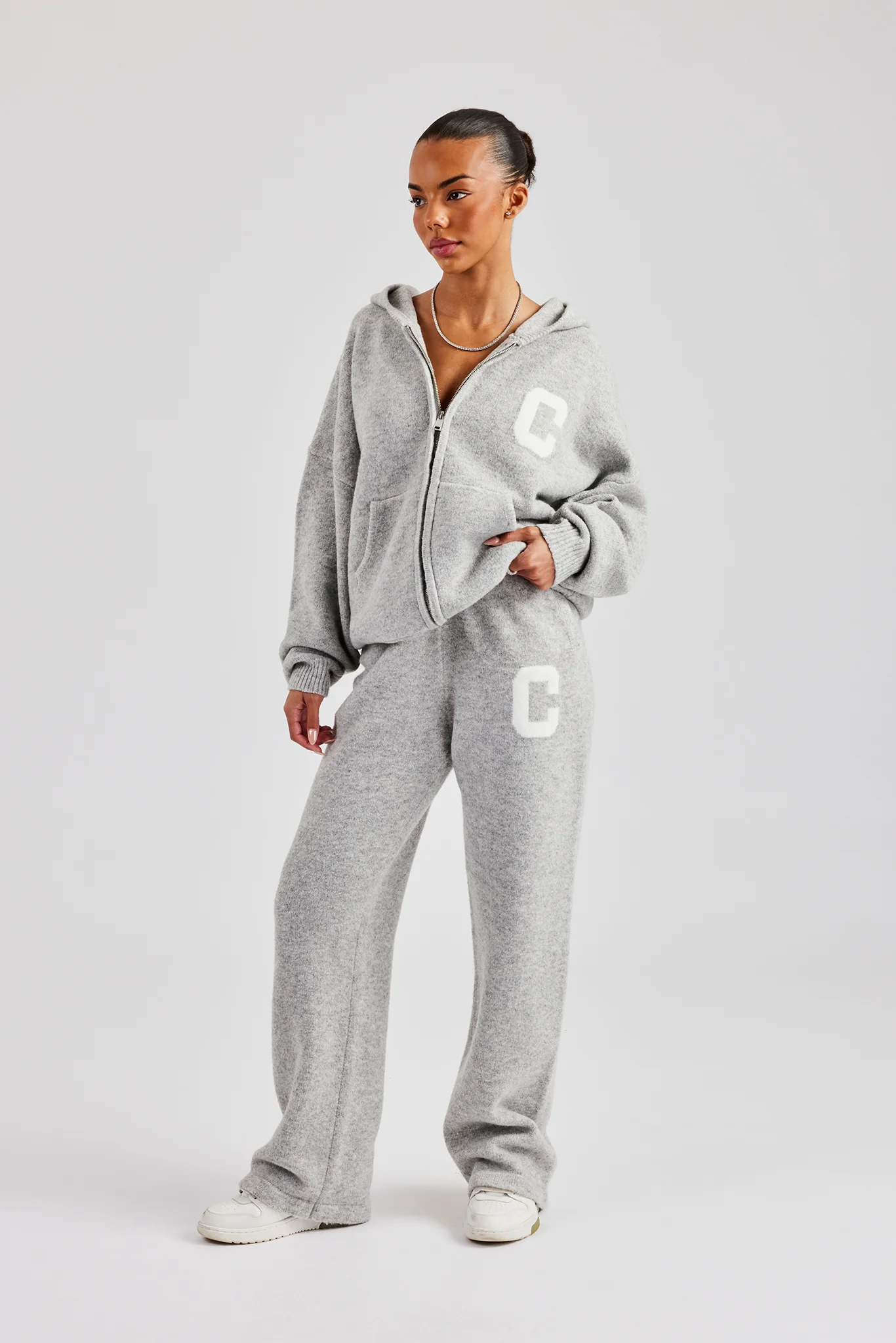 Knitted Zip Through Hoodie - Light Grey - Image 3