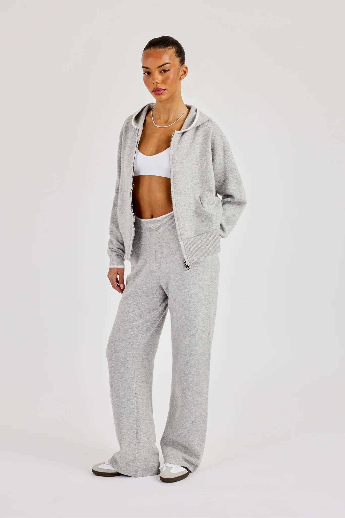 Knitted Zip Through & Jogger With Contrast Tipping - Grey