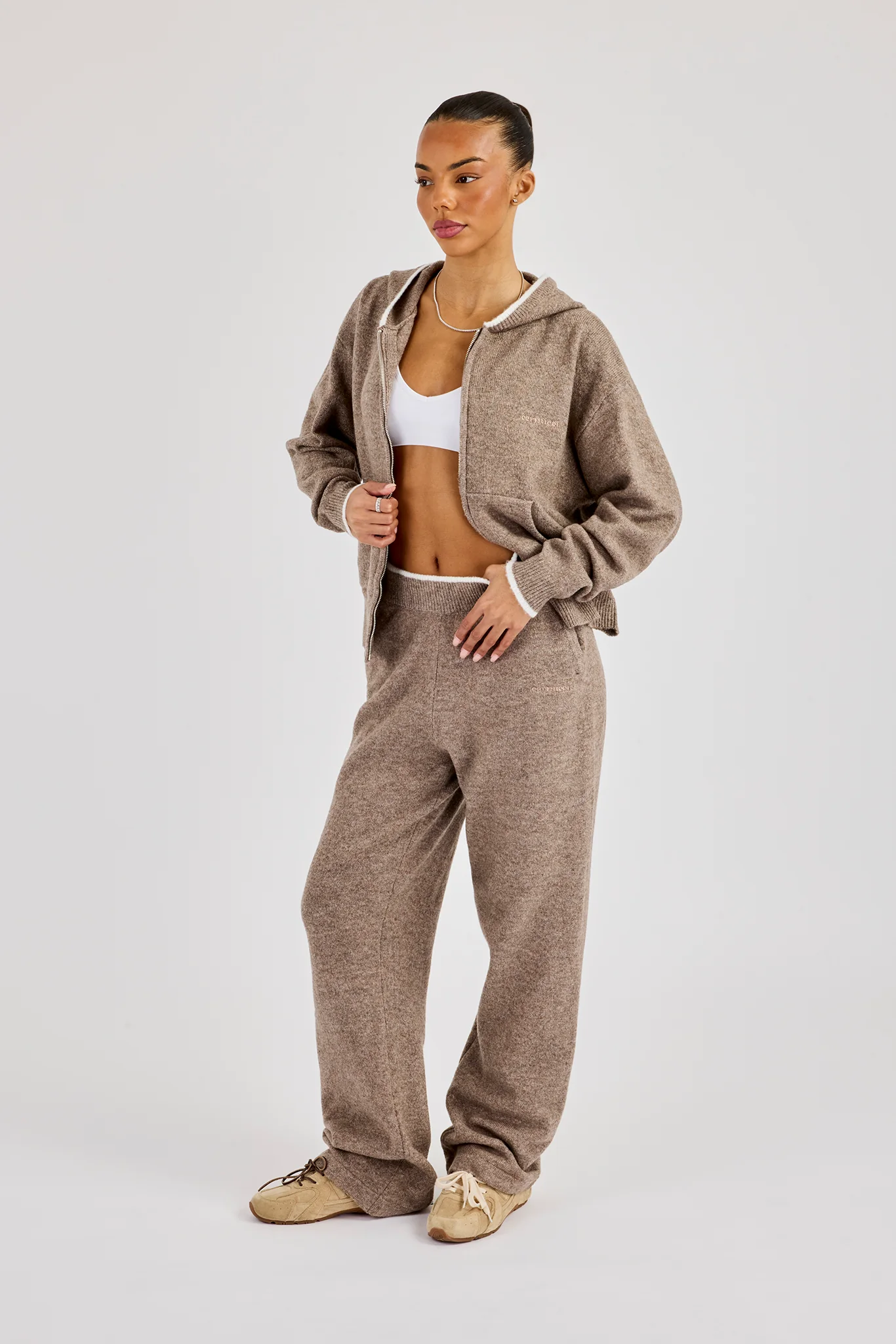 Knitted Zip Through & Jogger With Contrast Tipping - Taupe