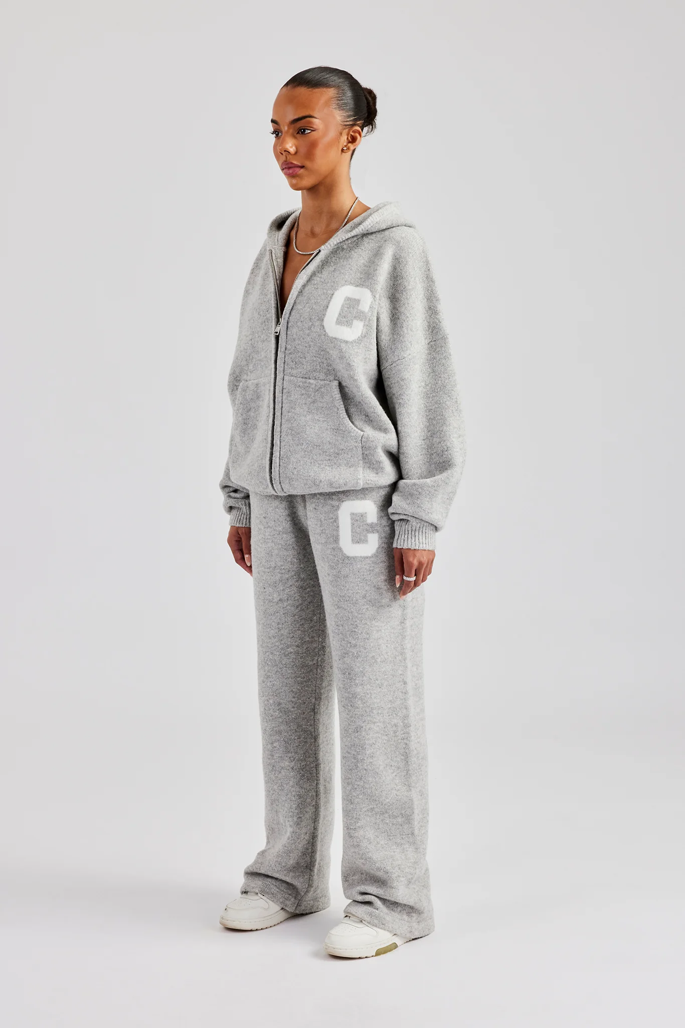 Knitted Zip Through Tracksuit - Light Grey - Image 2