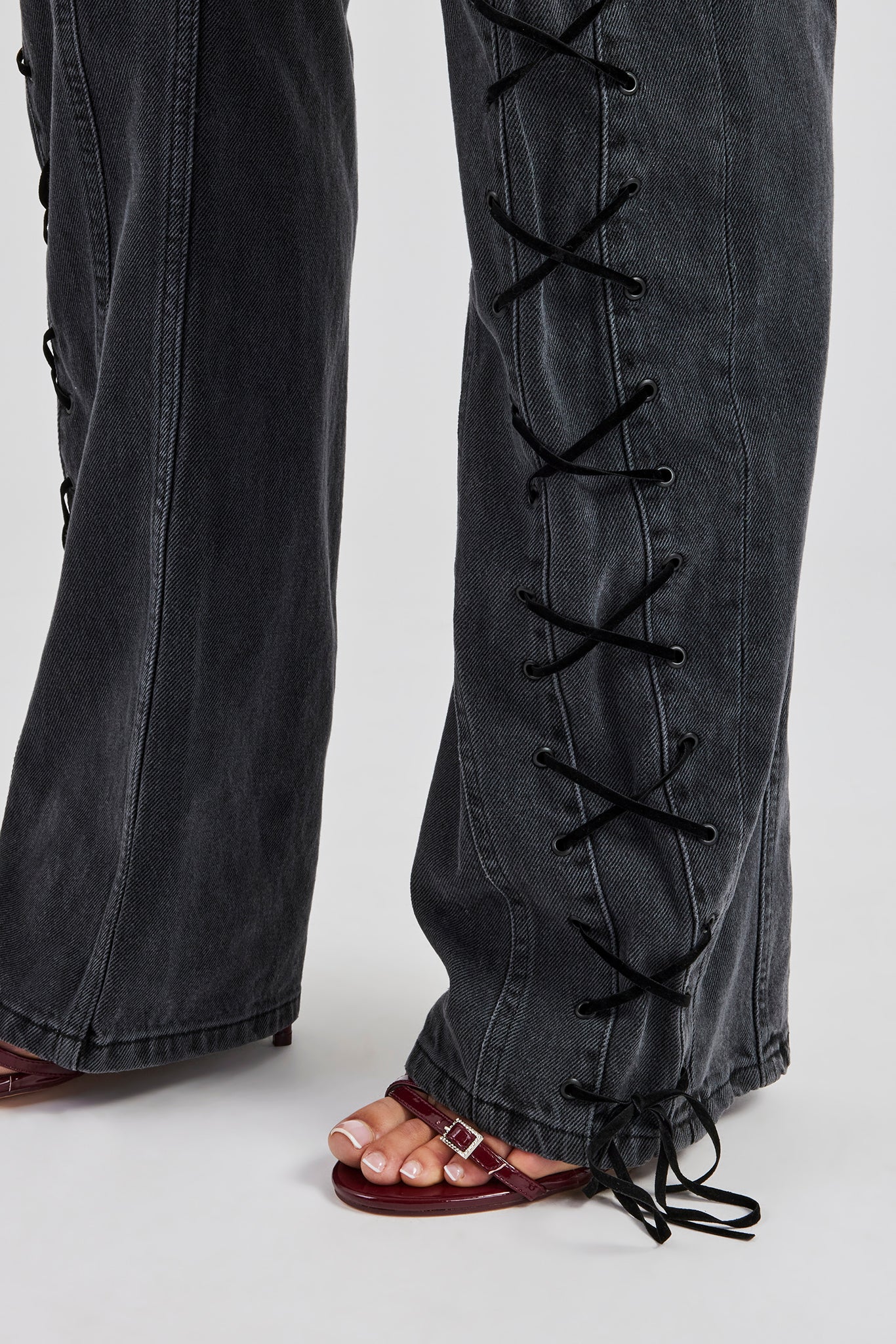 Lace Up Detail Relaxed Denim Jean - Washed Black - Image 4