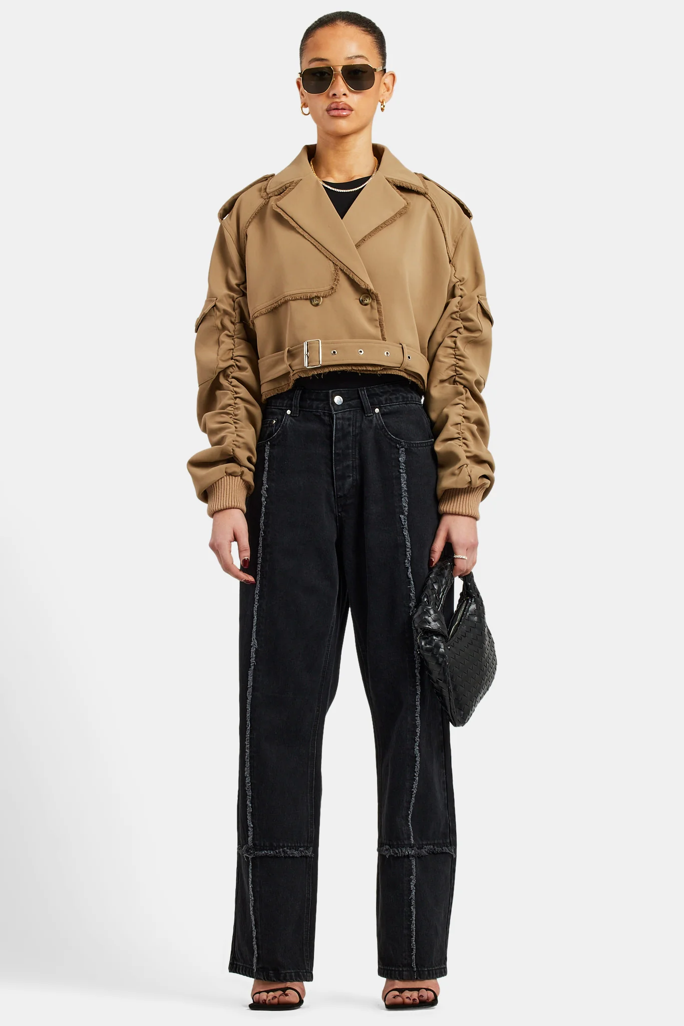 Ladies Cropped Cargo Trench - Beige - Image 3