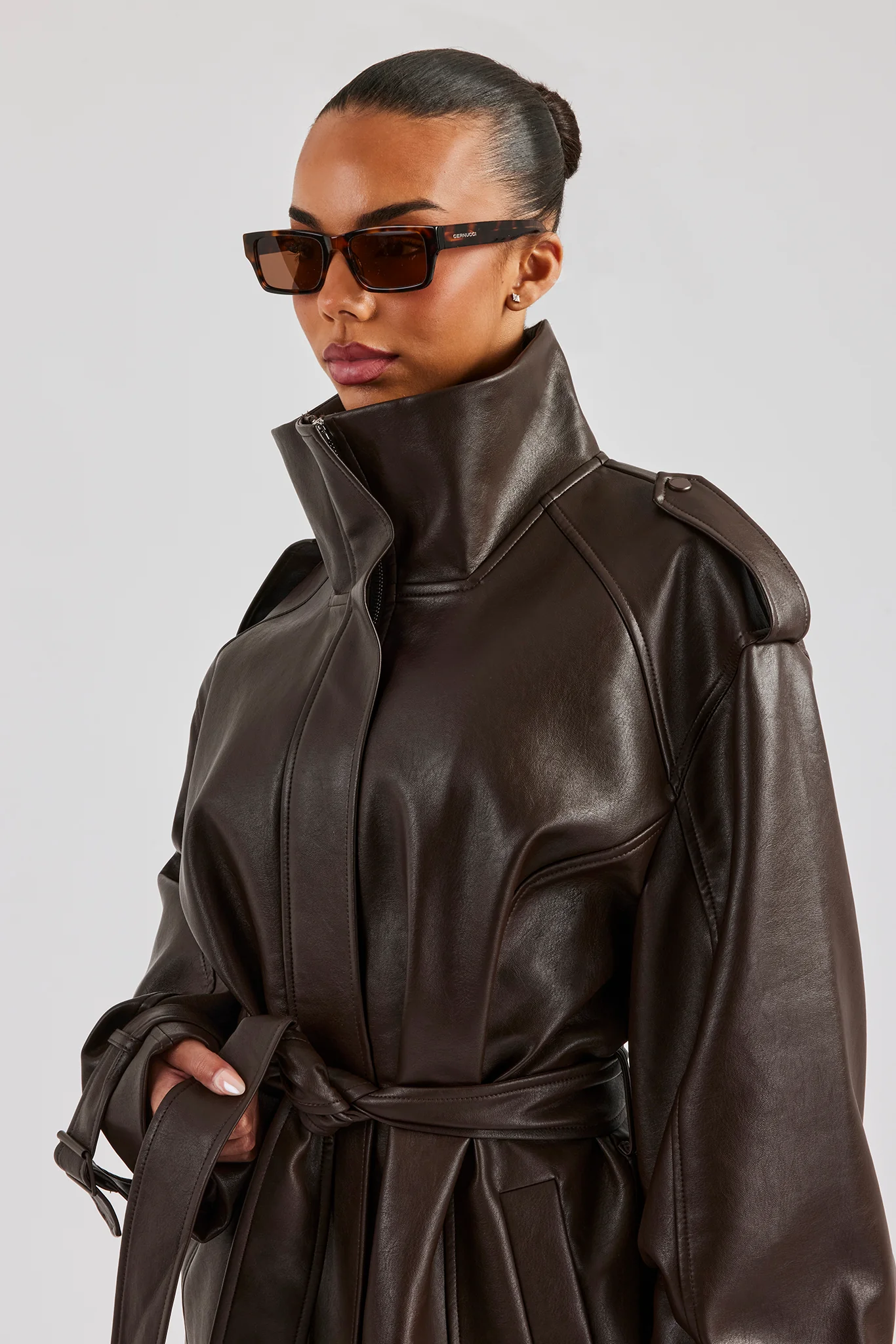 Ladies Faux Leather Trench Coat - Chocolate - Image 3