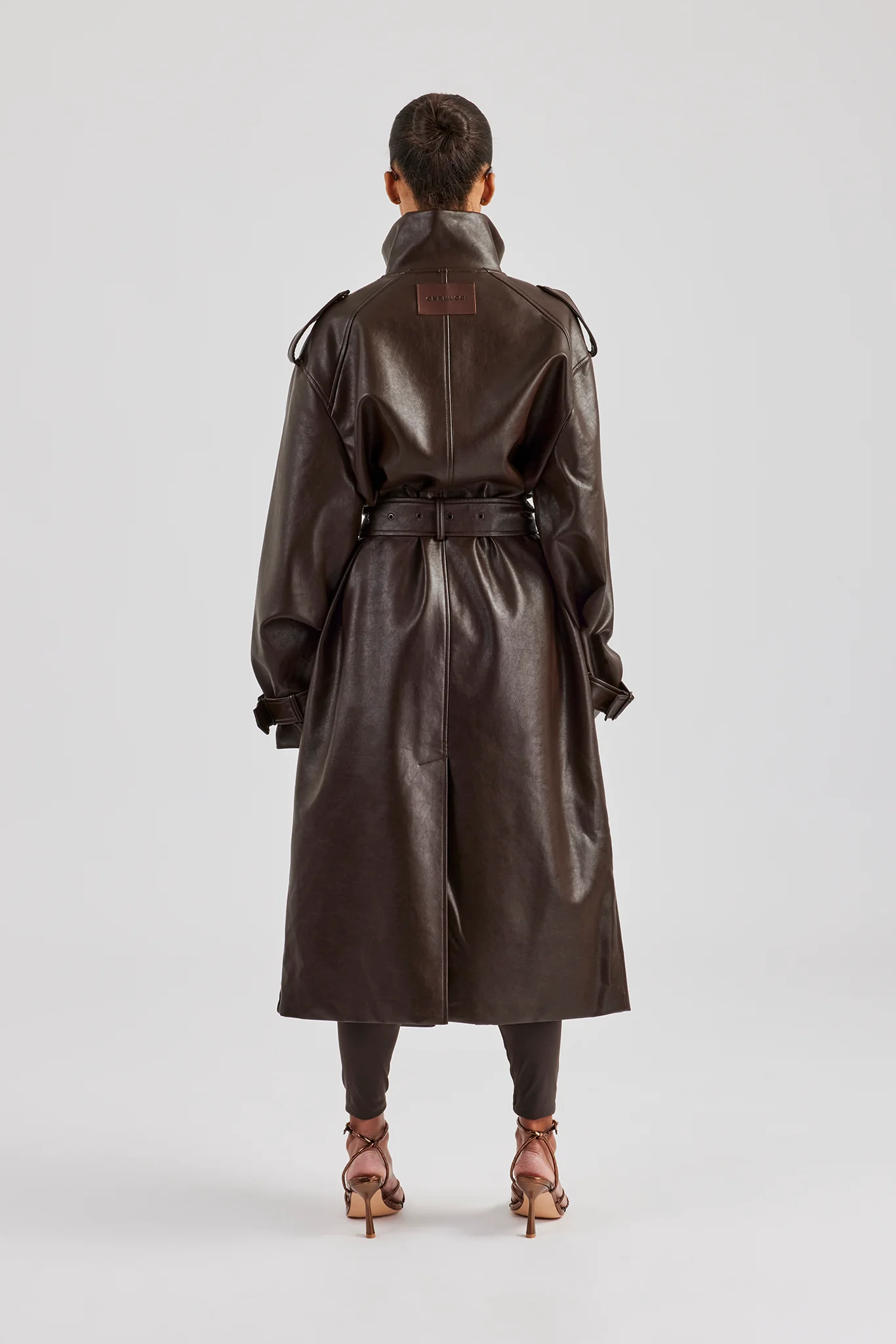 Ladies Faux Leather Trench Coat - Chocolate - Image 4