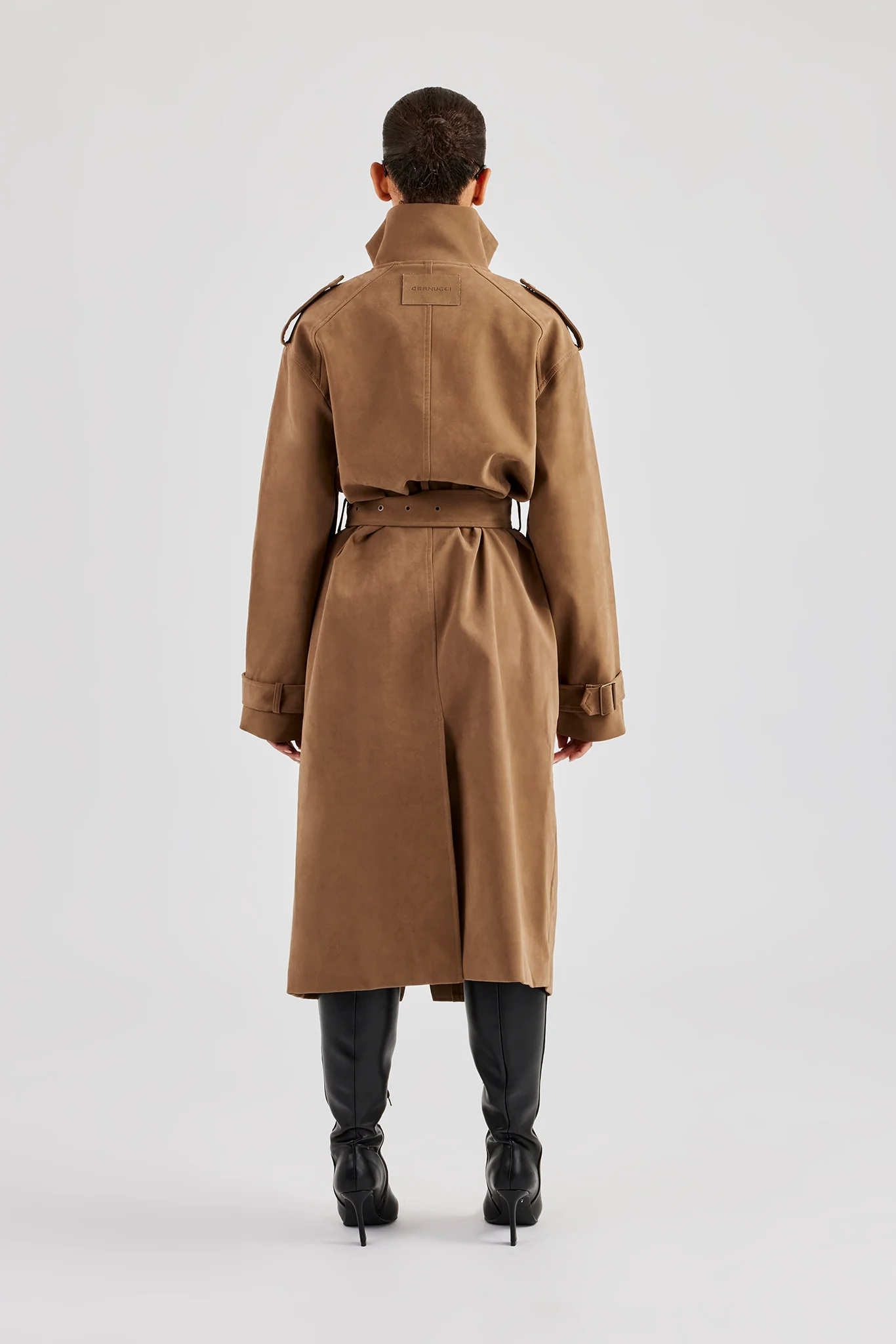 Ladies Faux Suede Trench Coat - Tan - Image 4