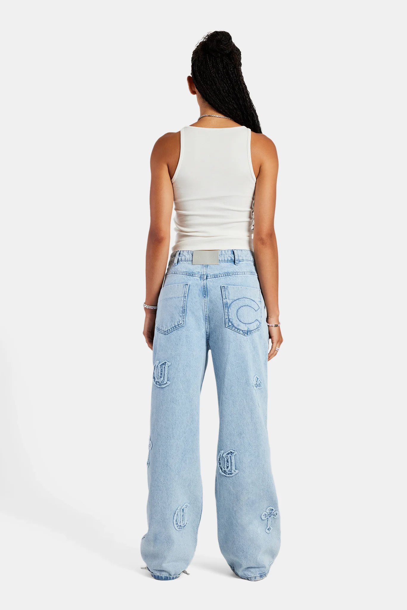 Ladies Raw Edge Applique Cross Baggy Jean - Ice Blue - Image 4