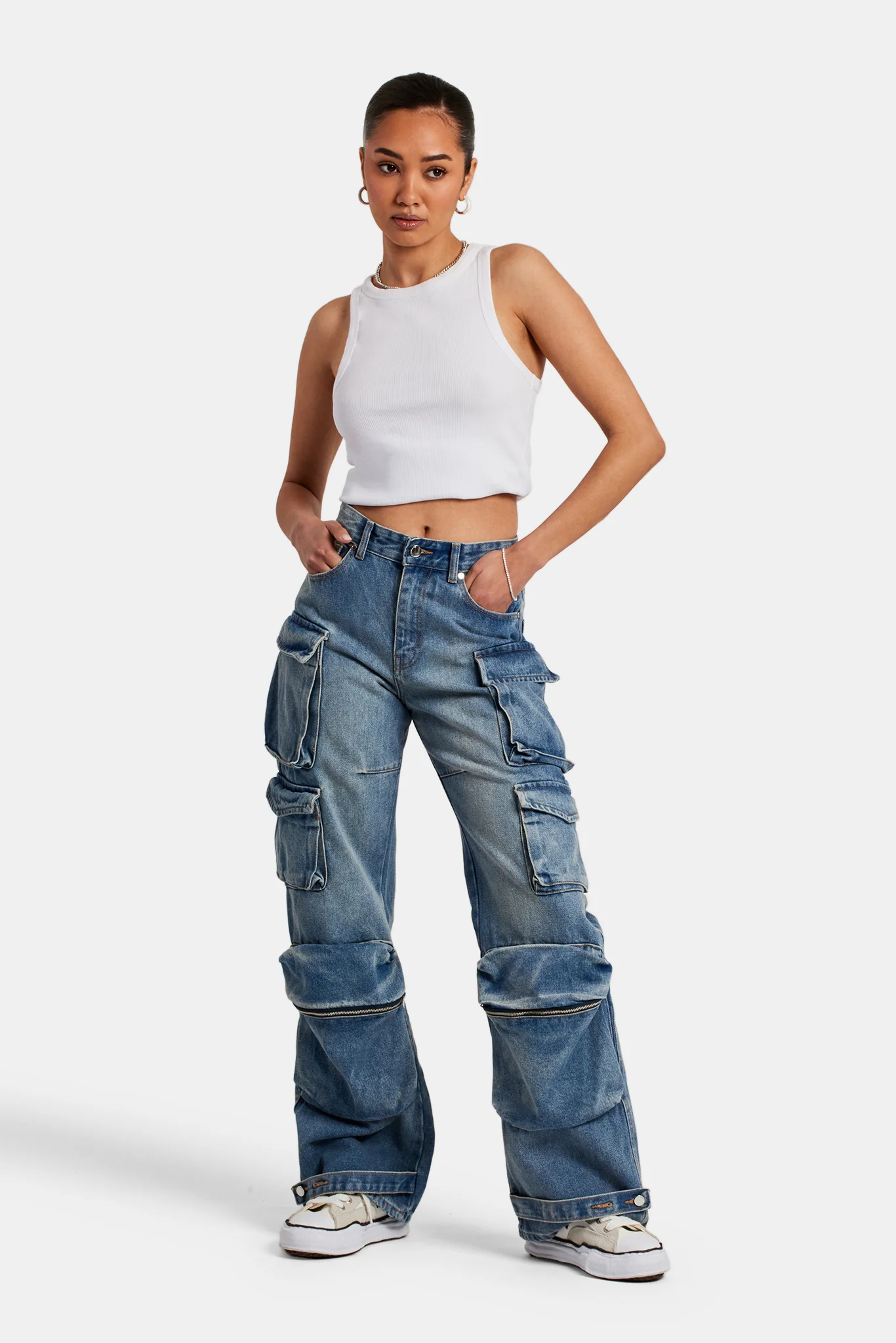 Ladies Relaxed Cargo Jeans - Mid Blue - Image 2