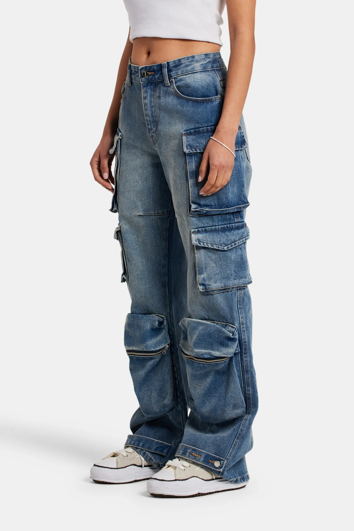 Ladies Relaxed Cargo Jeans - Mid Blue - Image 5