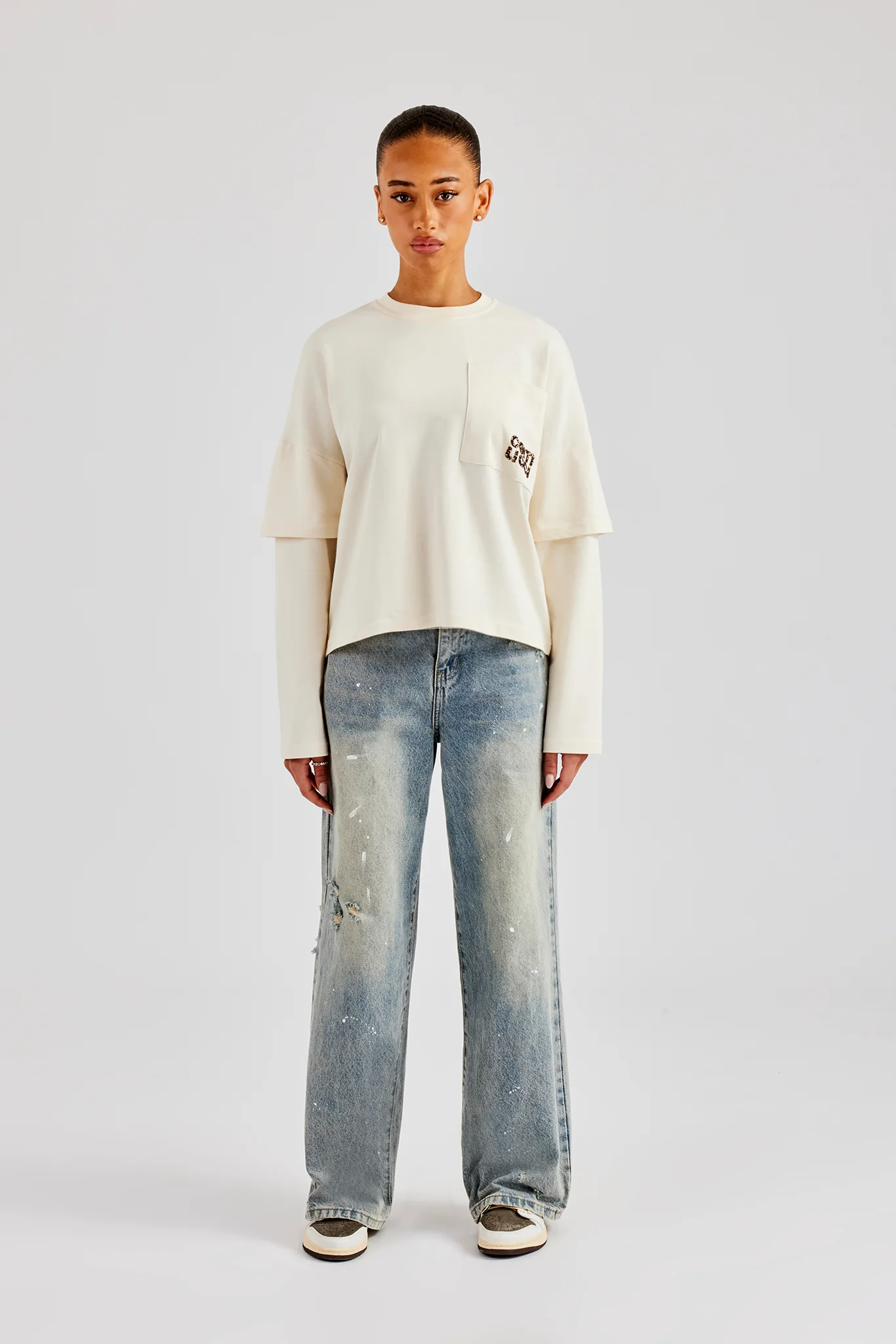 Layered Long Sleeve Glitter Applique T-Shirt - Off White - Image 3