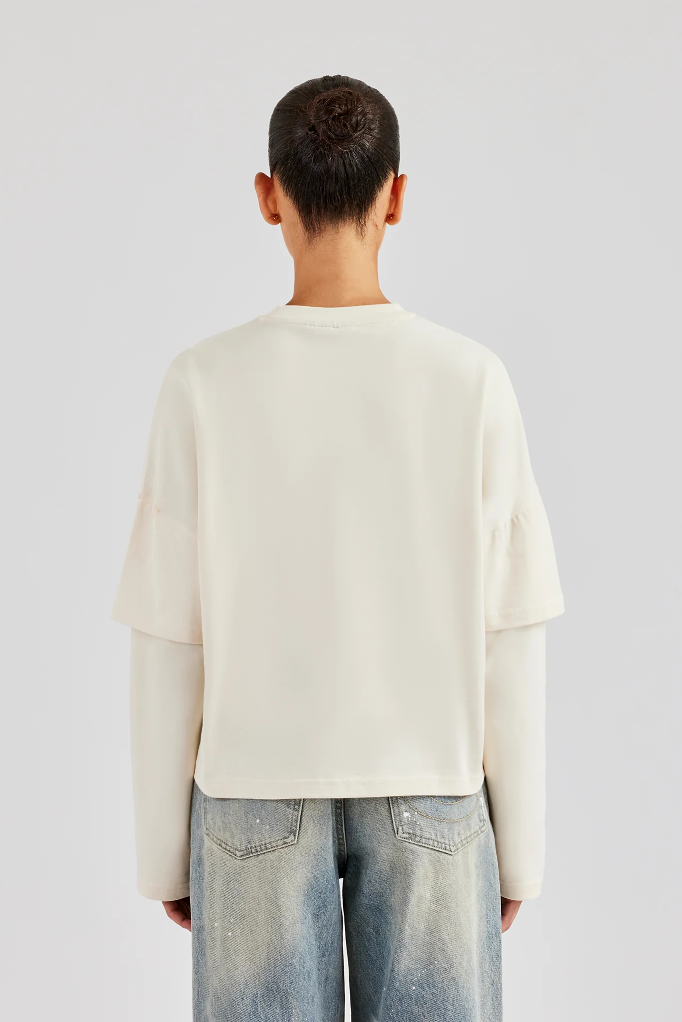 Layered Long Sleeve Glitter Applique T-Shirt - Off White - Image 4