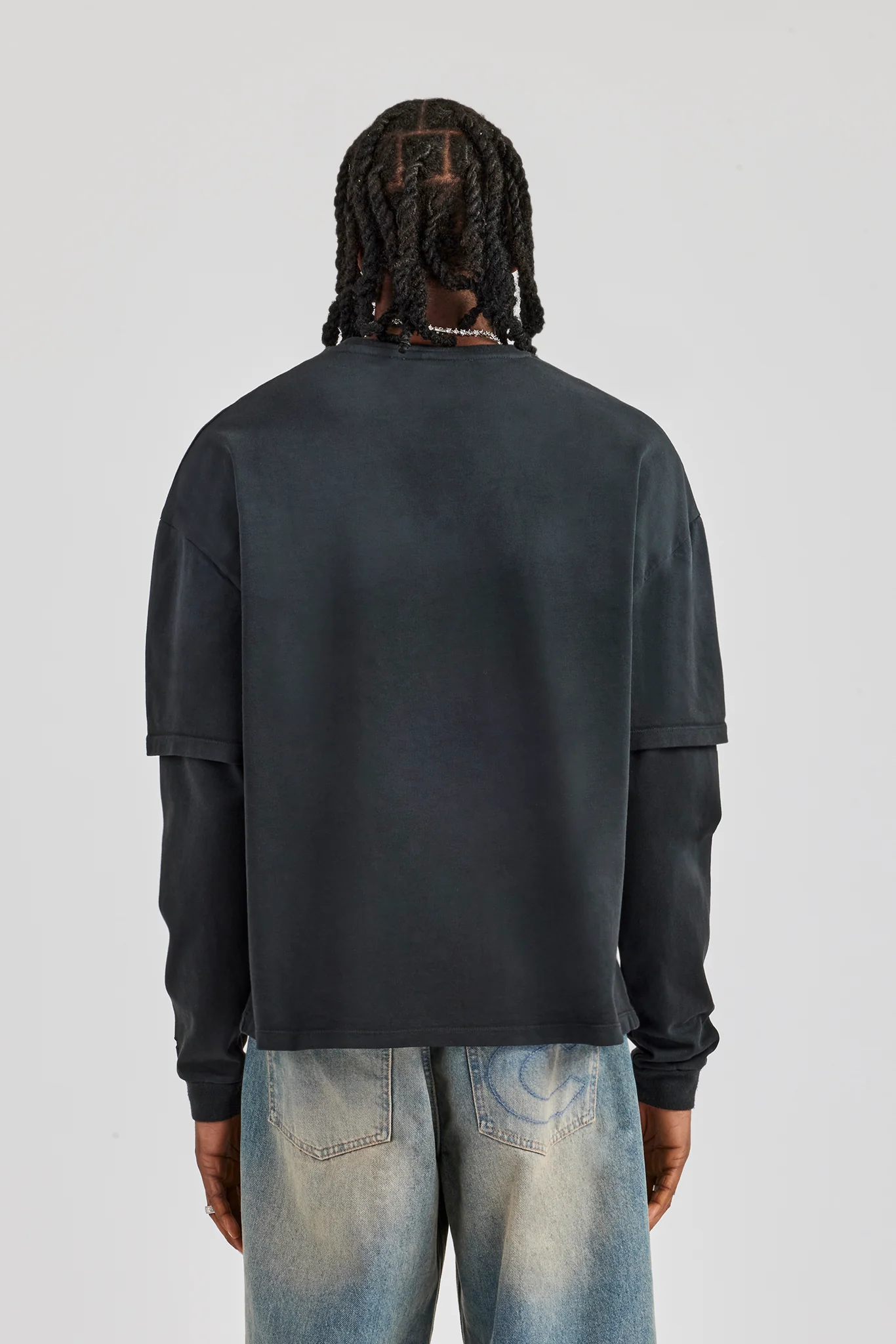 Washed Layered Long Sleeve T-Shirt - Black - Image 3