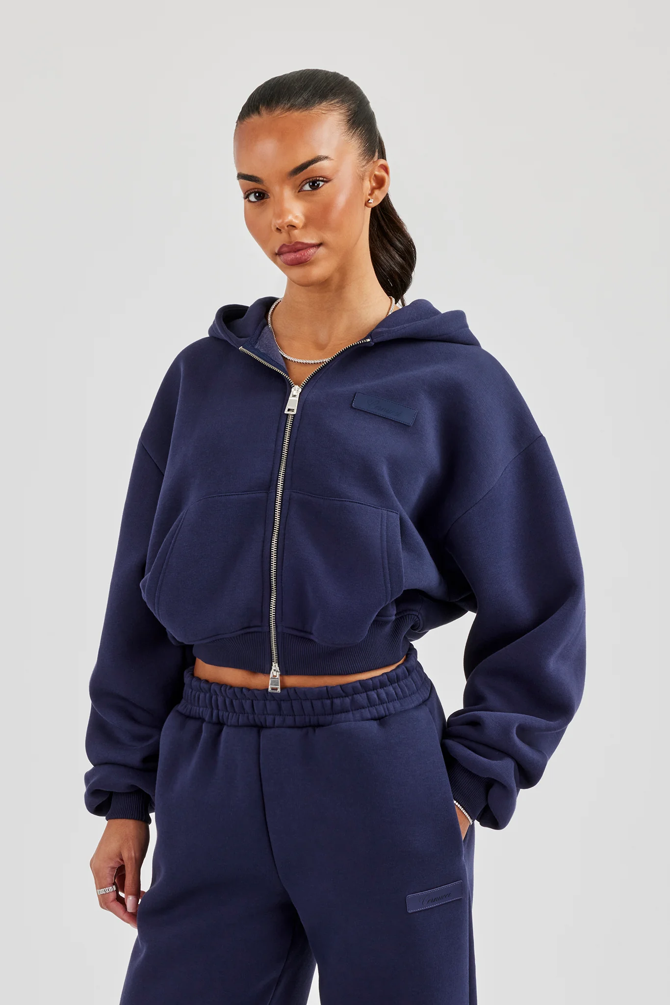 Logo Tab Boxy Zip Hoodie - Navy Blue - Image 2