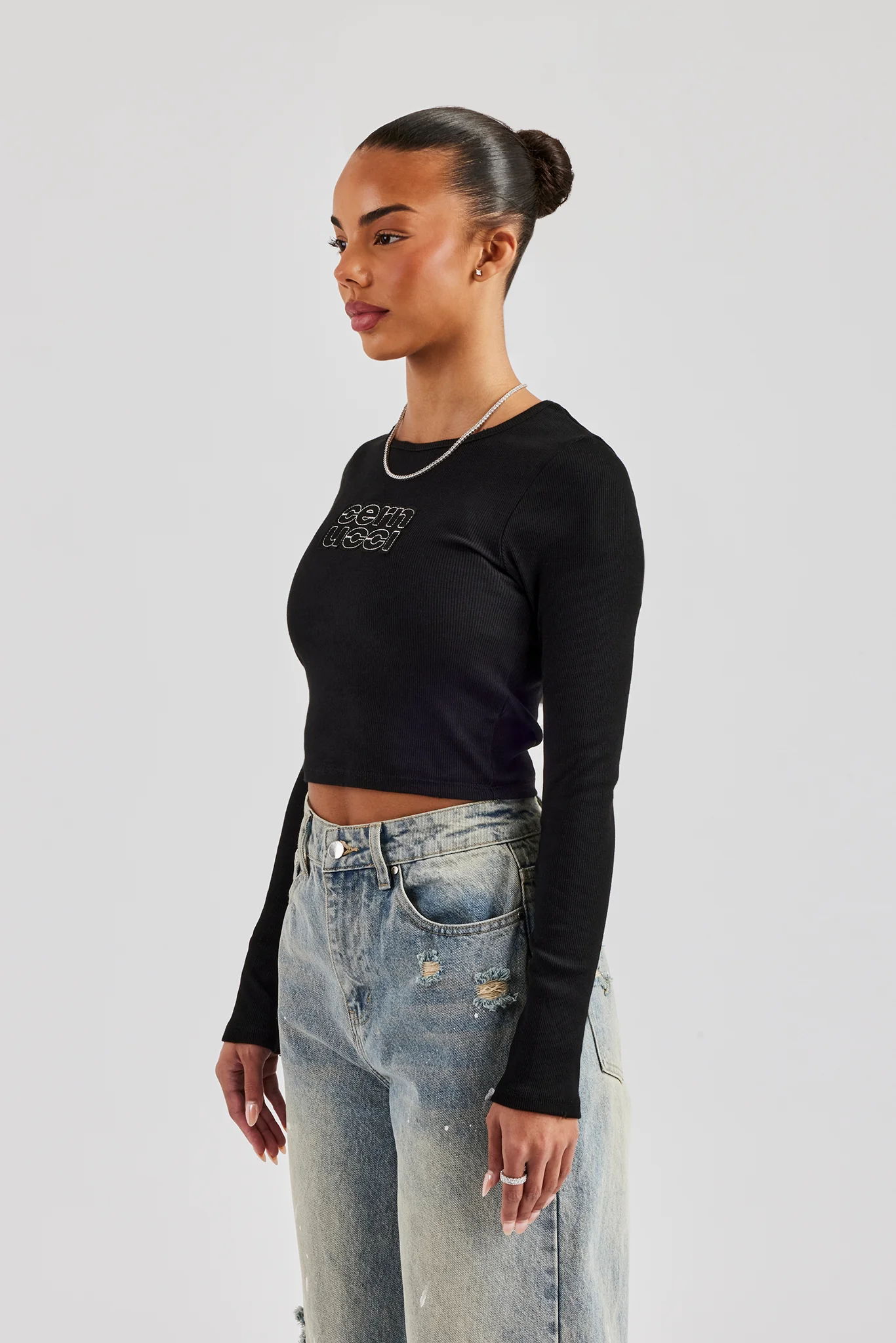 Long Sleeve Applique T-Shirt - Black - Image 2