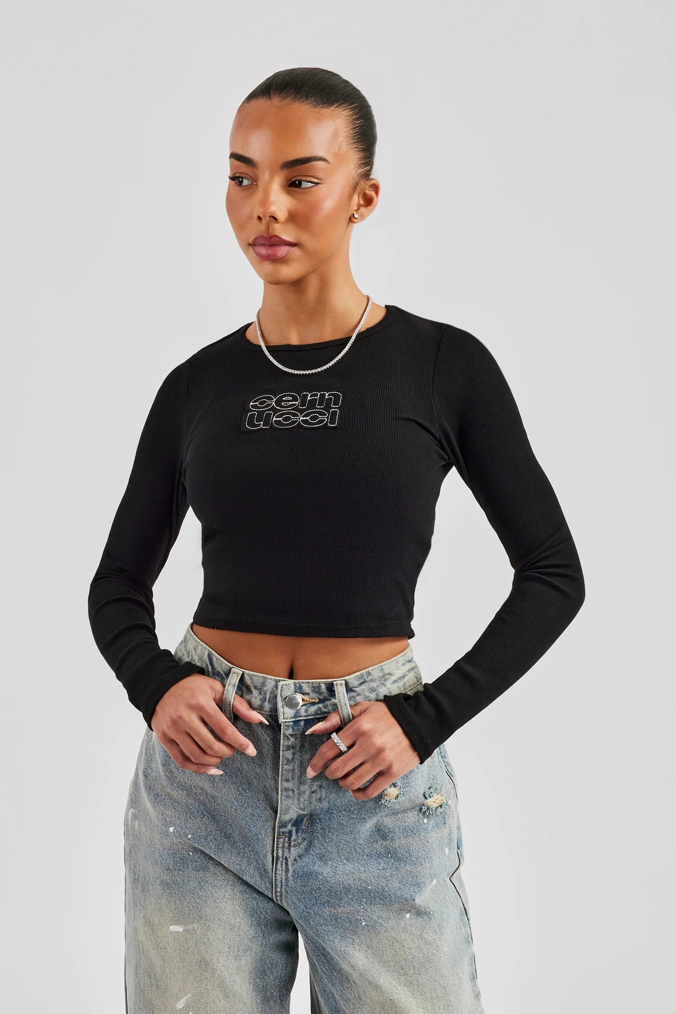 Long Sleeve Applique T-Shirt - Black - Image 4