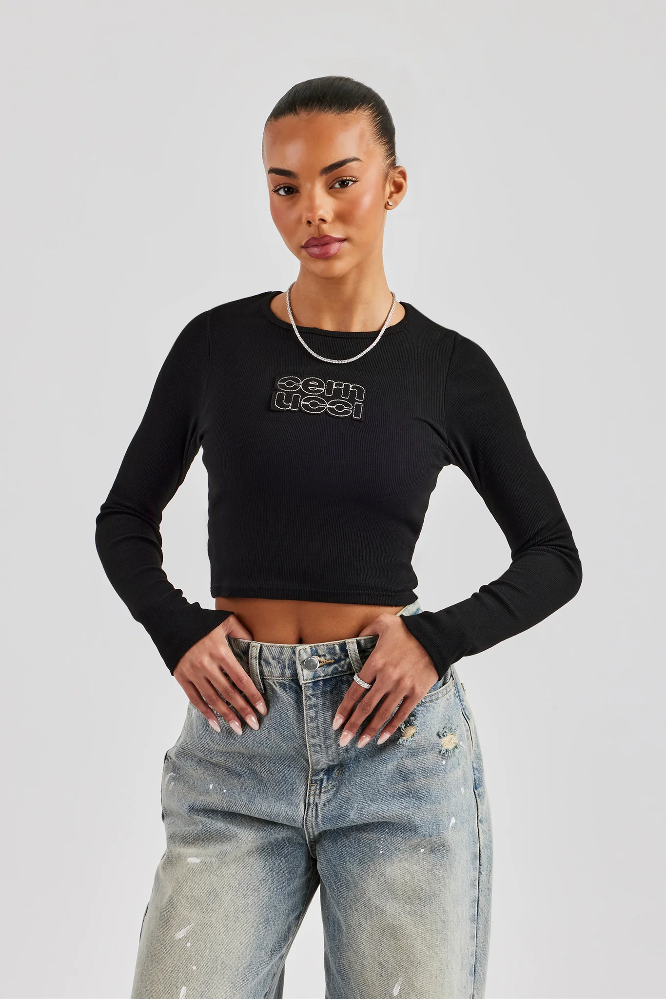 Long Sleeve Applique T-Shirt - Black - Image 5