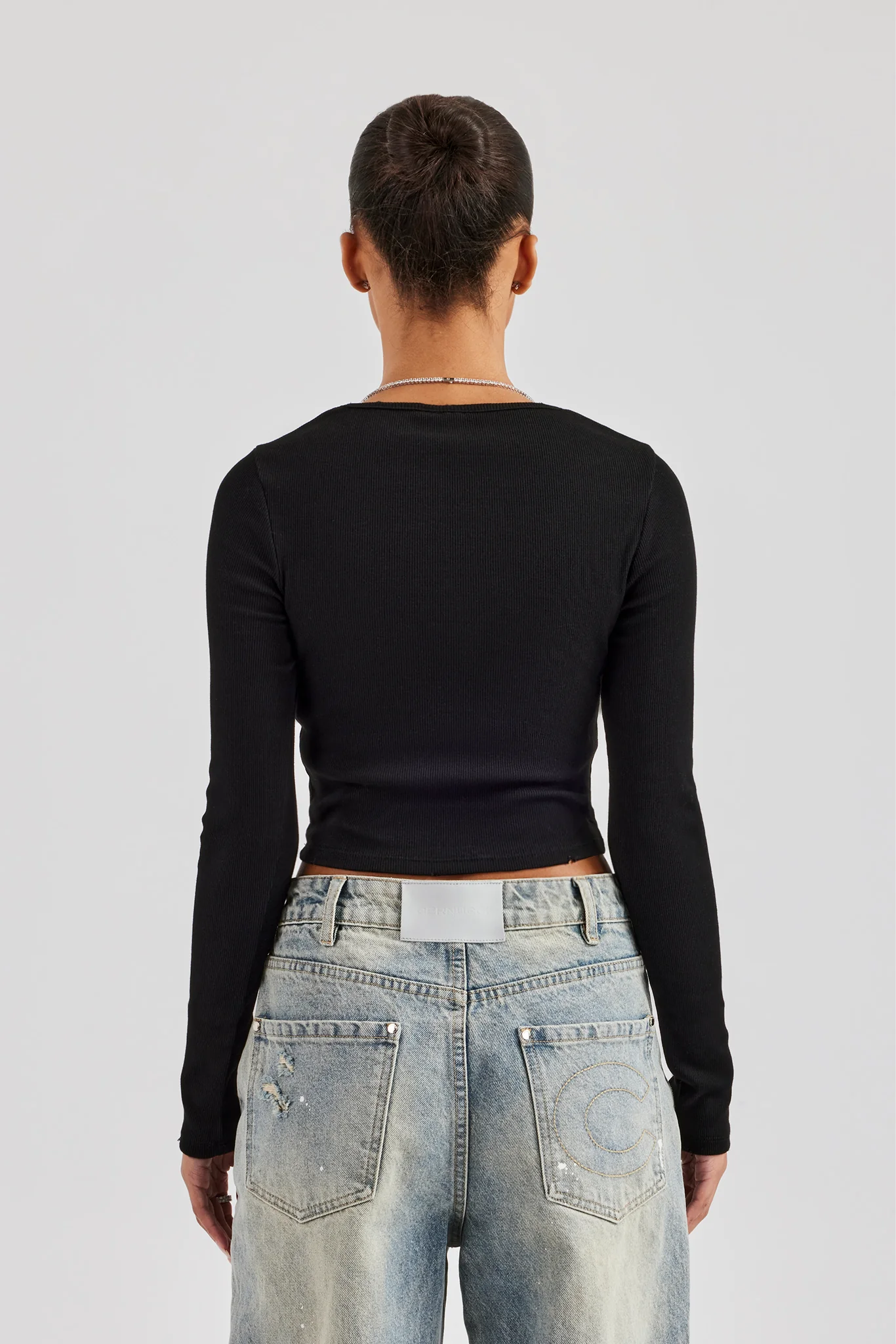 Long Sleeve Applique T-Shirt - Black - Image 6