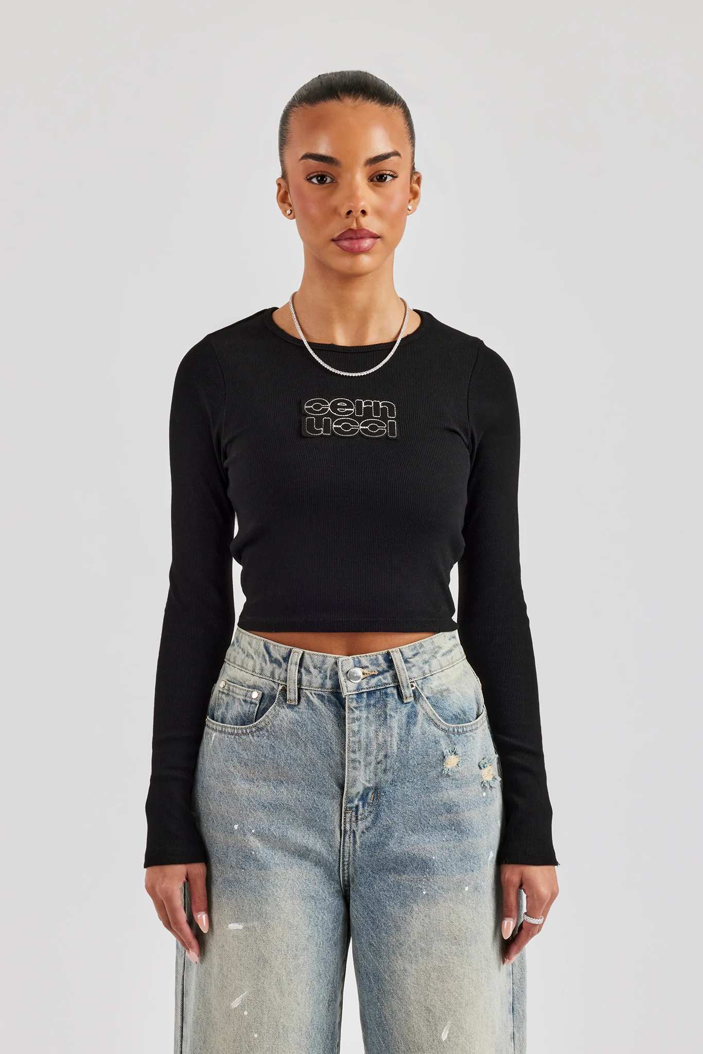 Long Sleeve Applique T-Shirt - Black - Image 8