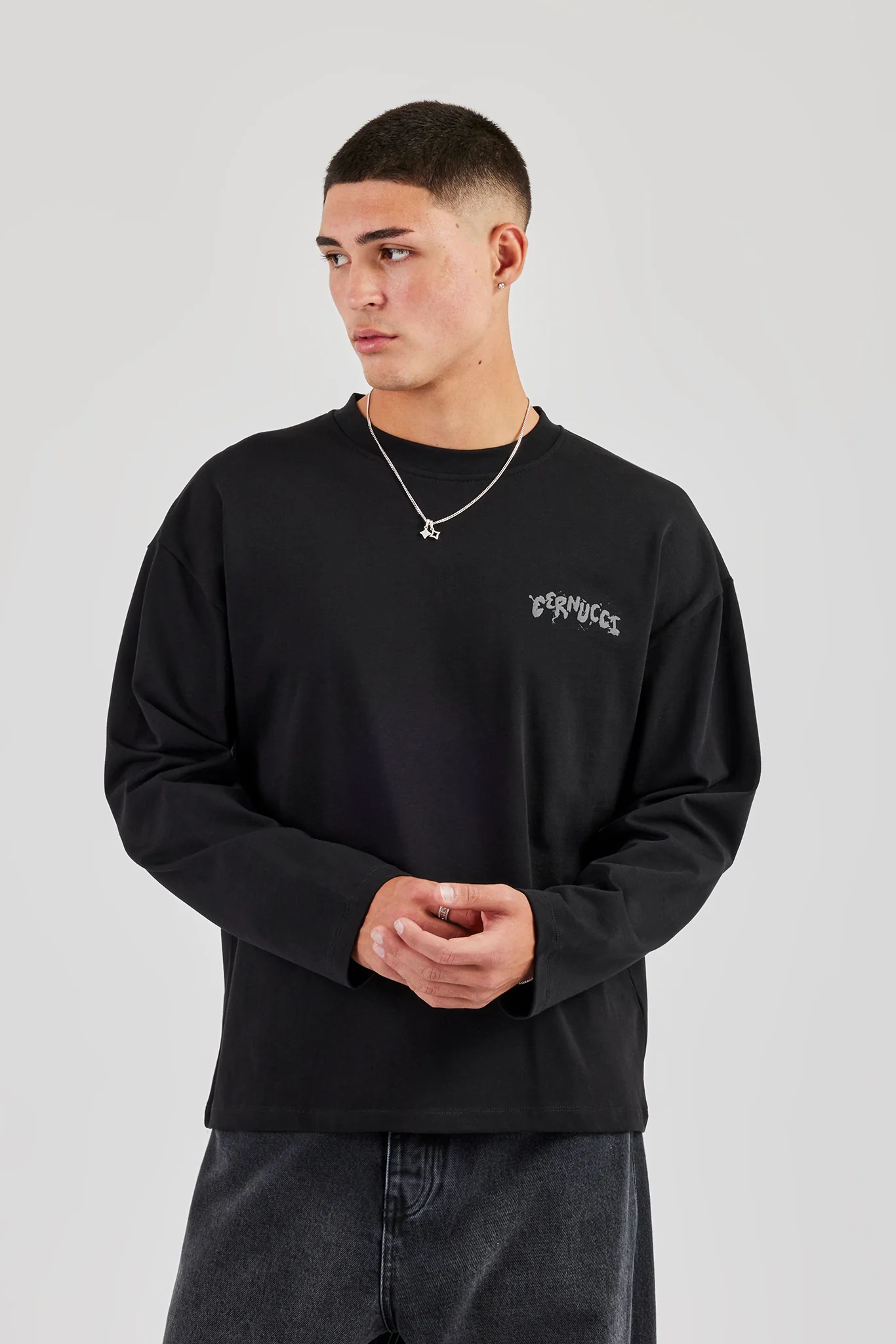 Long Sleeve Back Puff Print T-Shirt - Black - Image 4