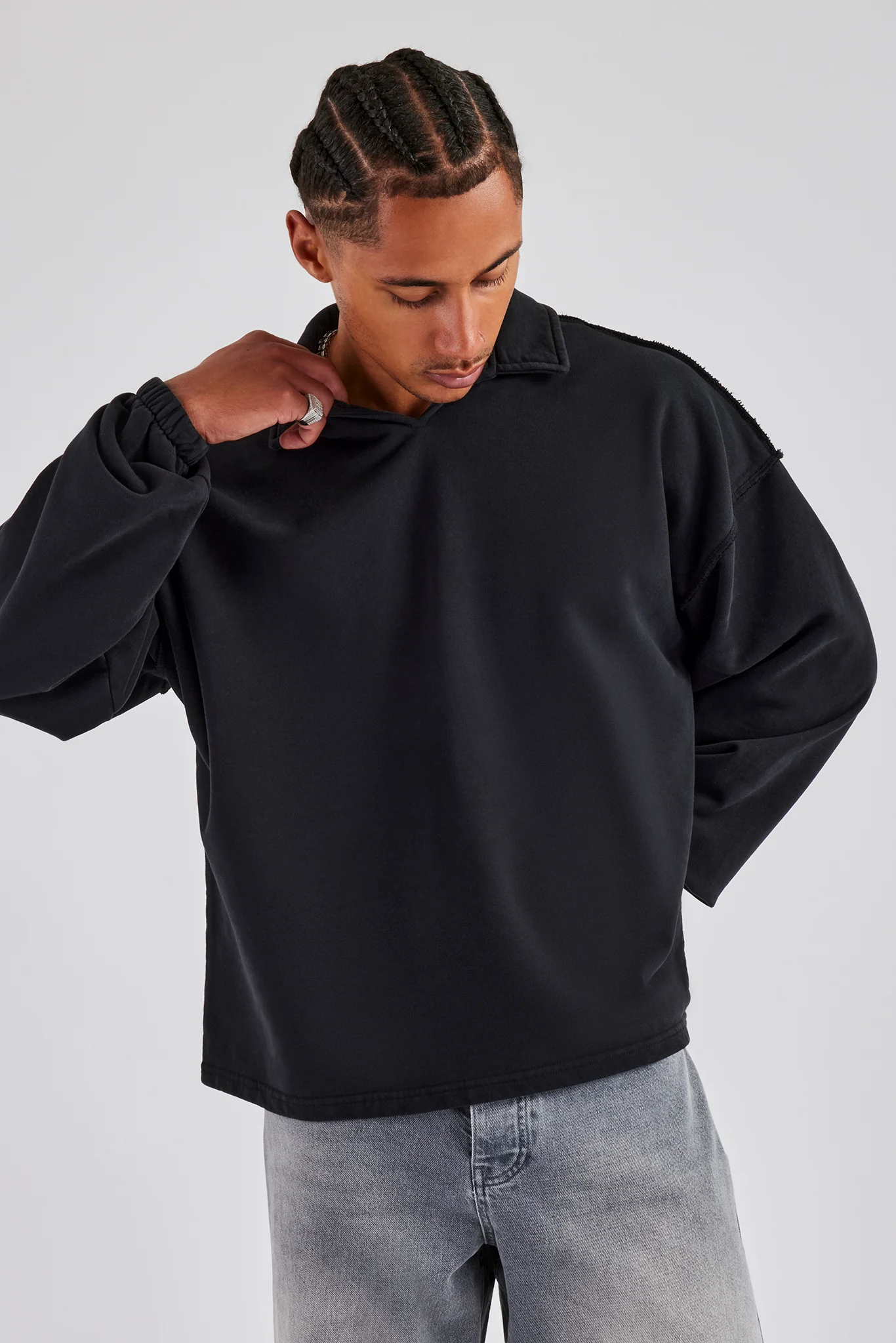 Long Sleeve Collared Sweatshirt - Black - Image 2