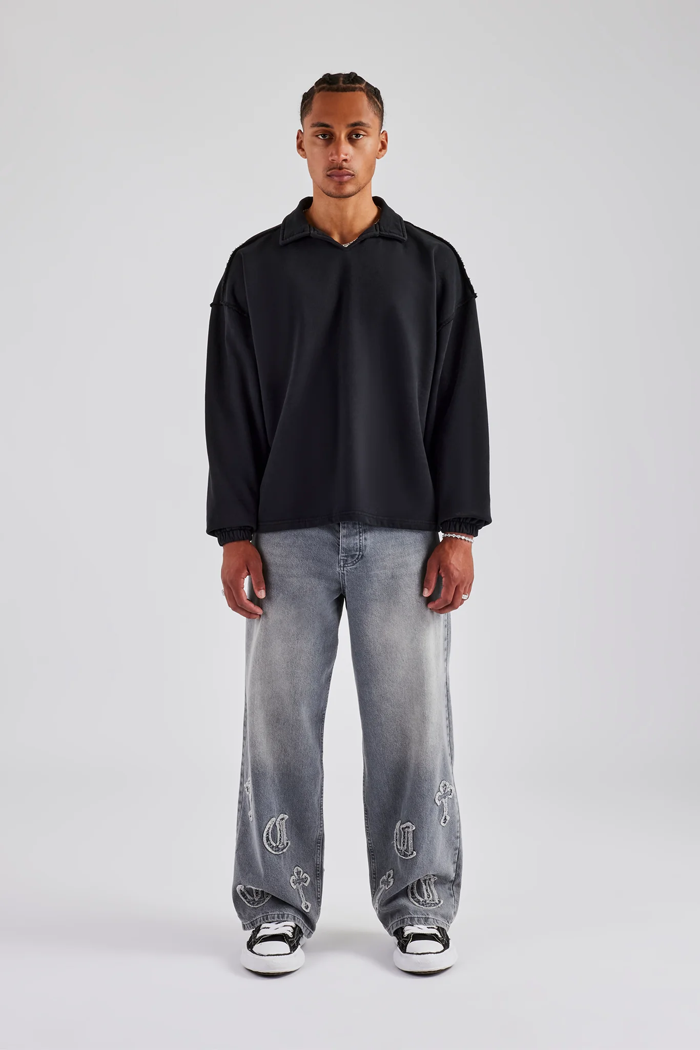 Long Sleeve Collared Sweatshirt - Black - Image 4