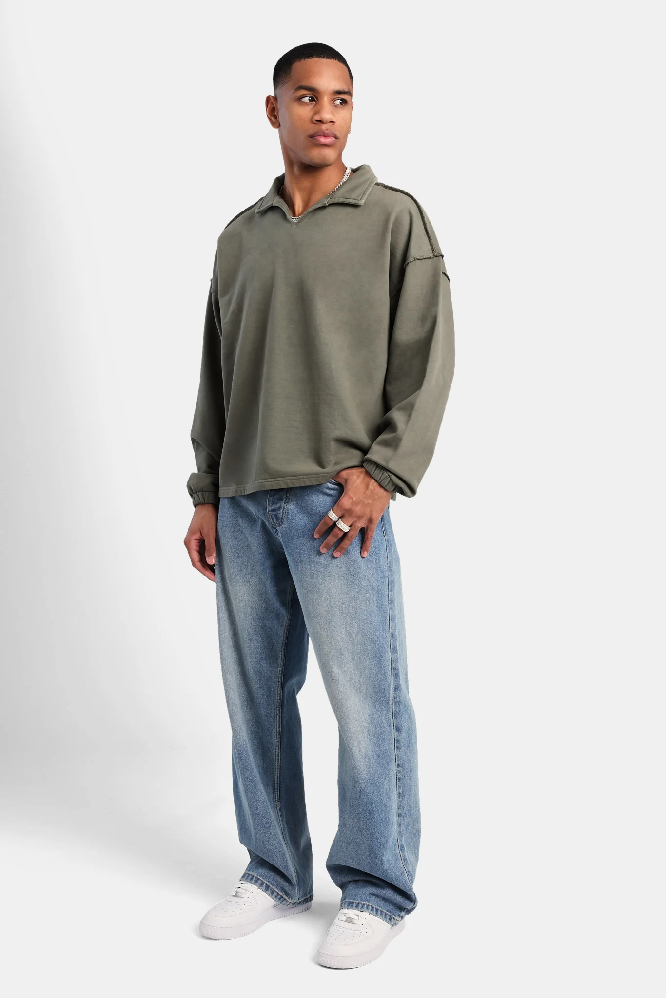 Long Sleeve Collared Sweatshirt - Washed Green - Image 4