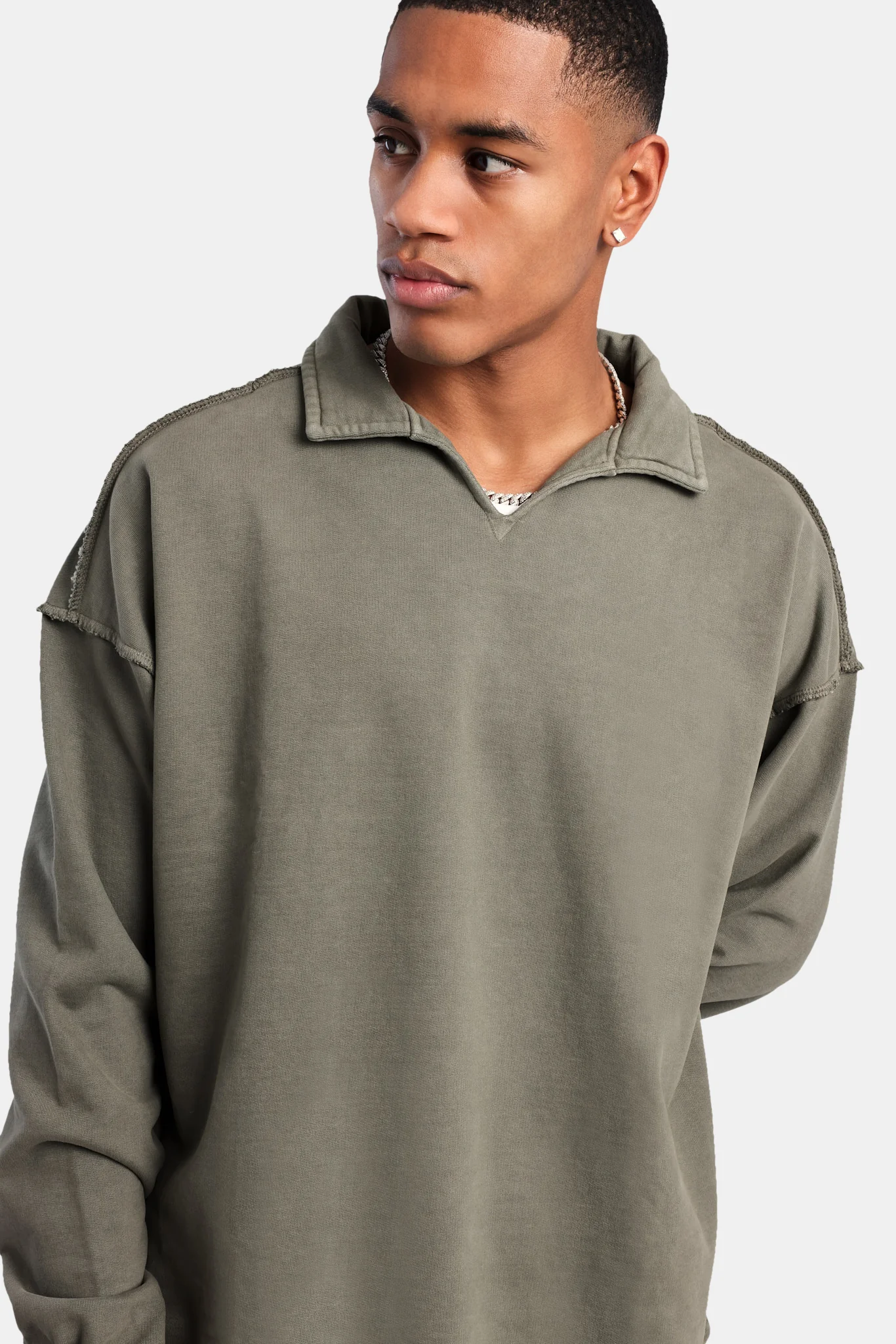 Long Sleeve Collared Sweatshirt - Washed Green - Image 6