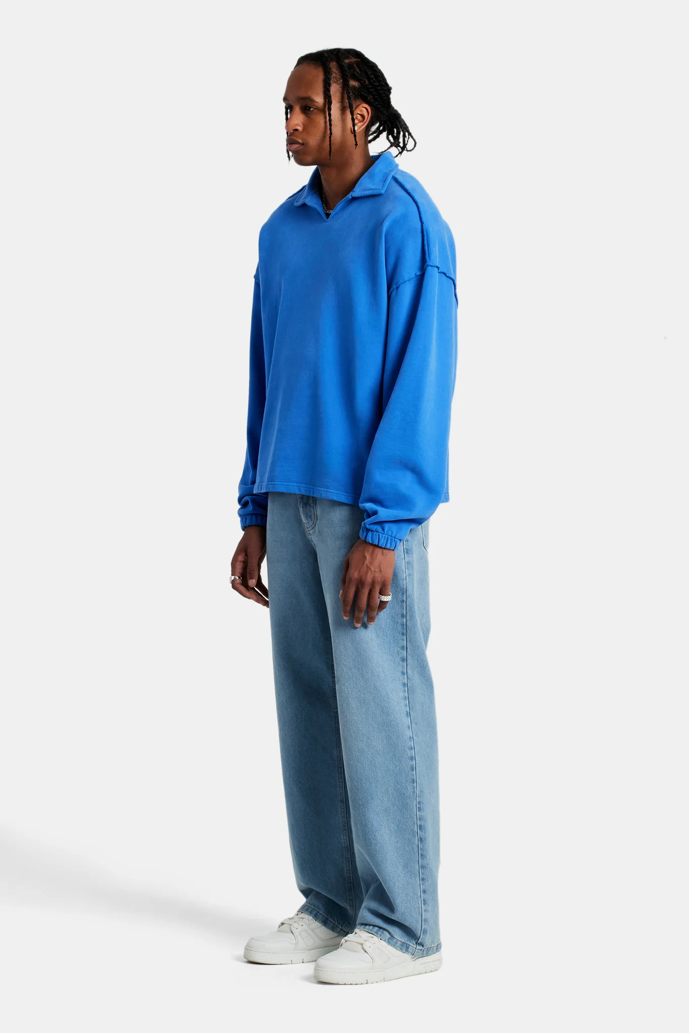 Long Sleeve Exposed Seam Collared Sweatshirt - Washed Cobalt - Image 6