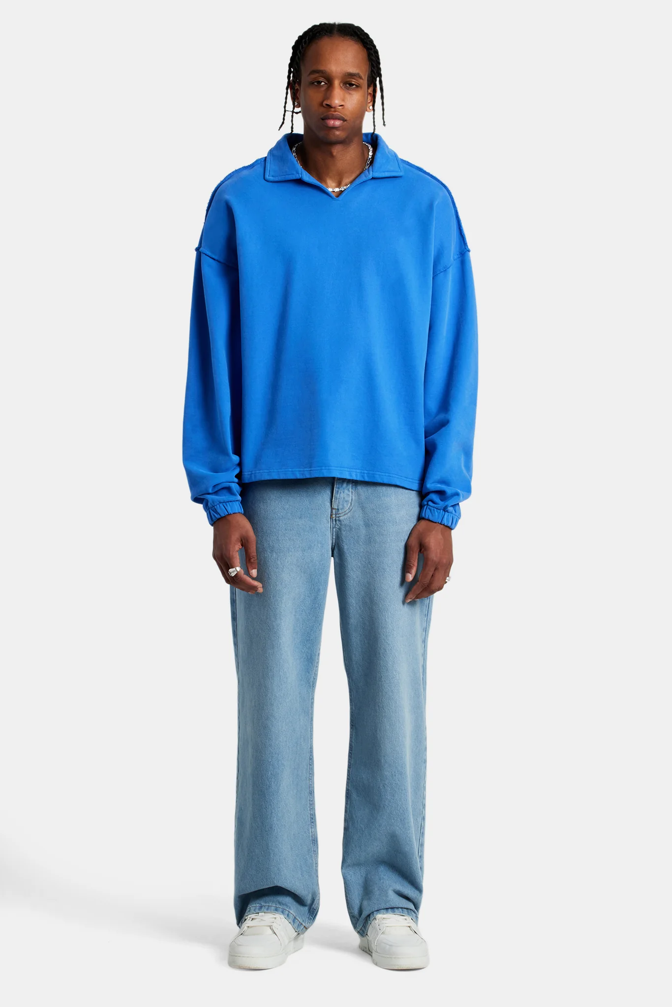 Long Sleeve Exposed Seam Collared Sweatshirt - Washed Cobalt - Image 7