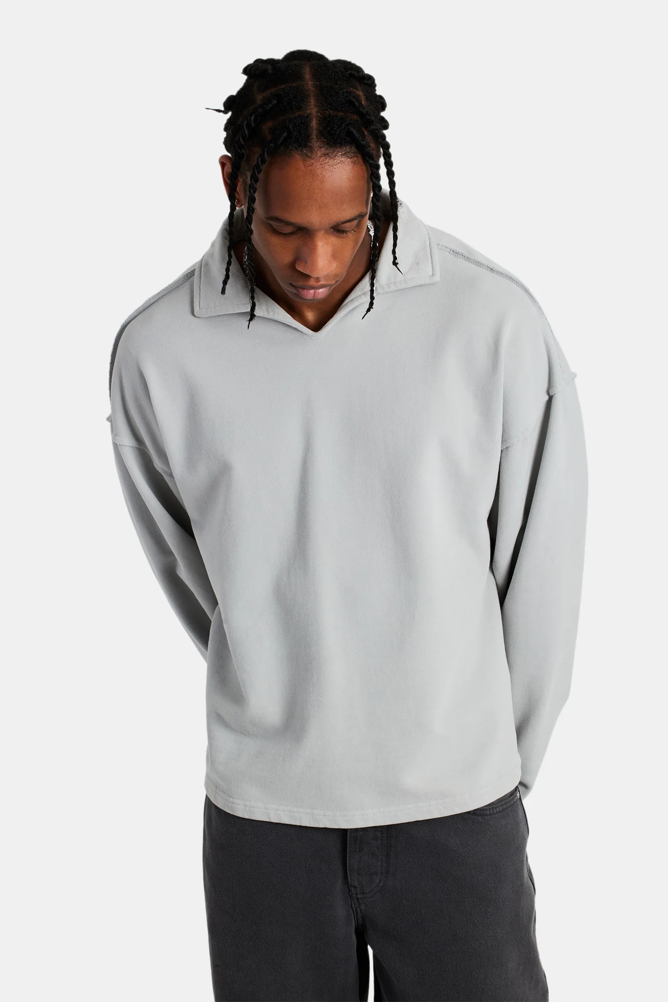 Long Sleeve Exposed Seam Collared Sweatshirt - Washed Grey - Image 2