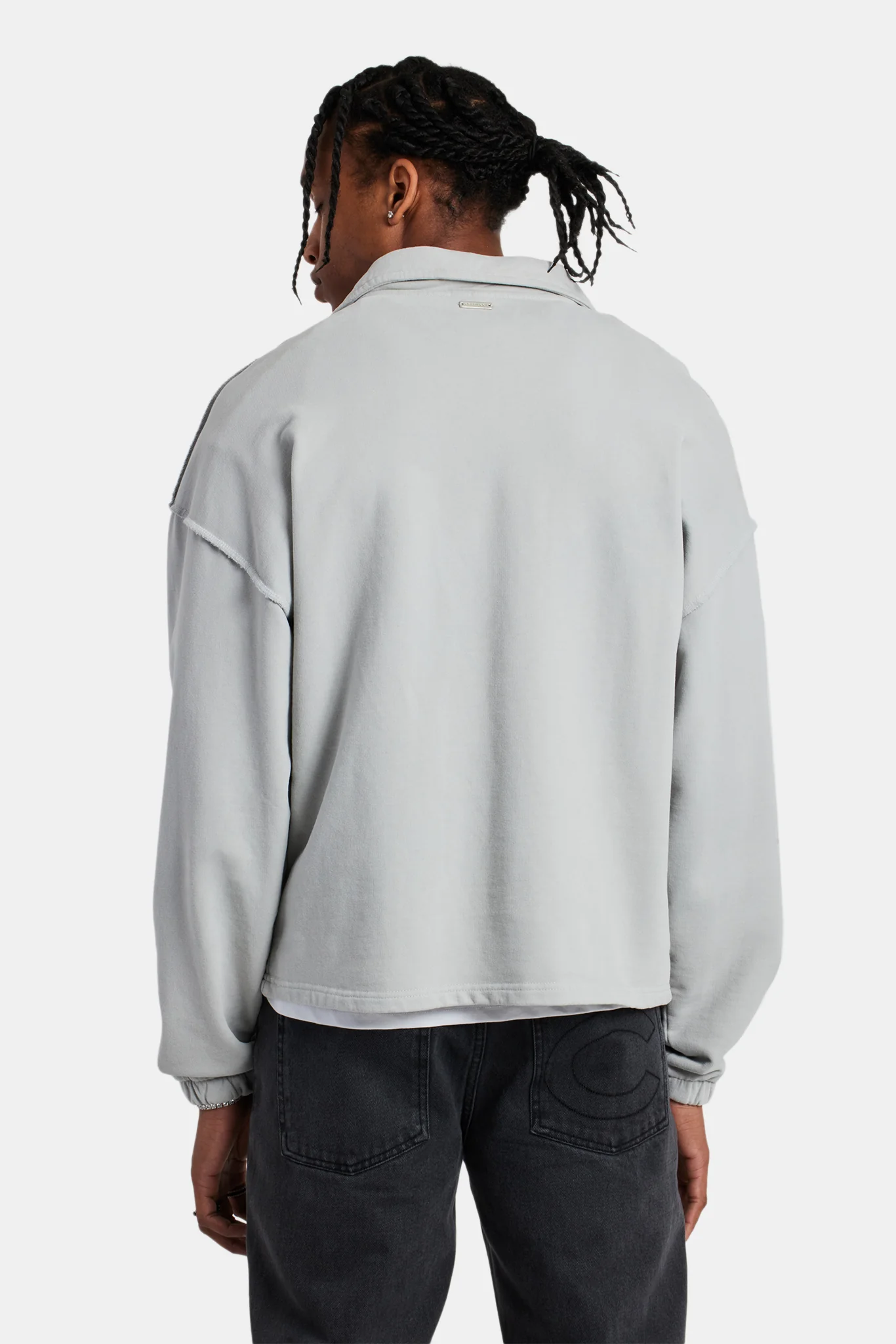 Long Sleeve Exposed Seam Collared Sweatshirt - Washed Grey - Image 3