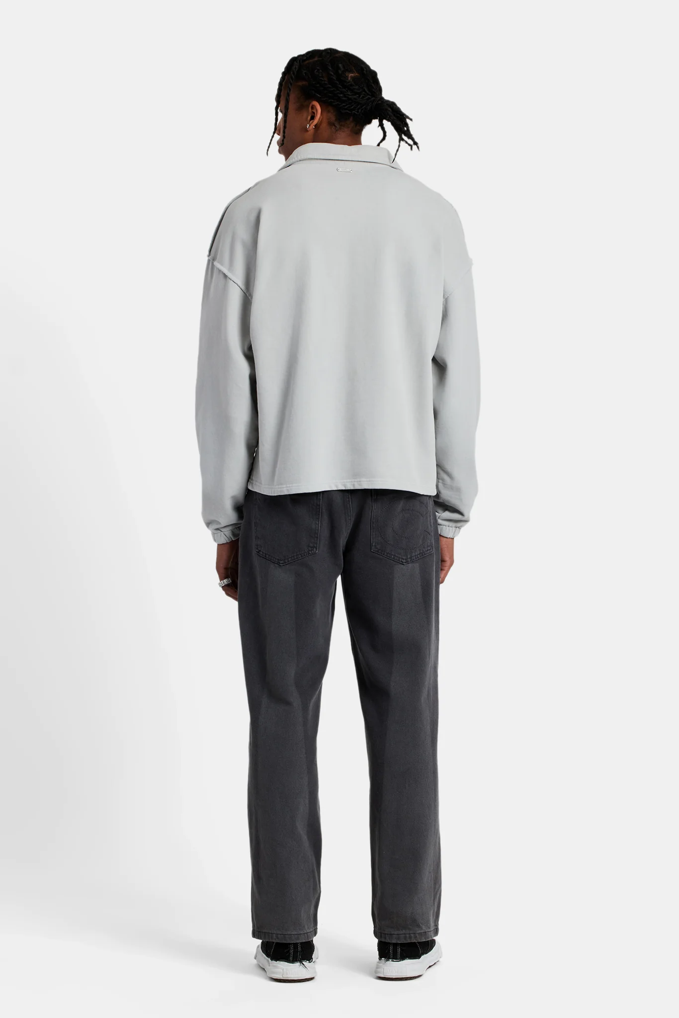 Long Sleeve Exposed Seam Collared Sweatshirt - Washed Grey - Image 5