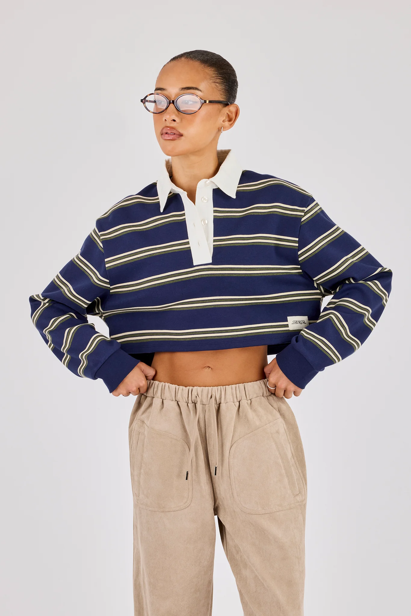 Long Sleeve Stripe Cropped Polo - Navy - Image 2