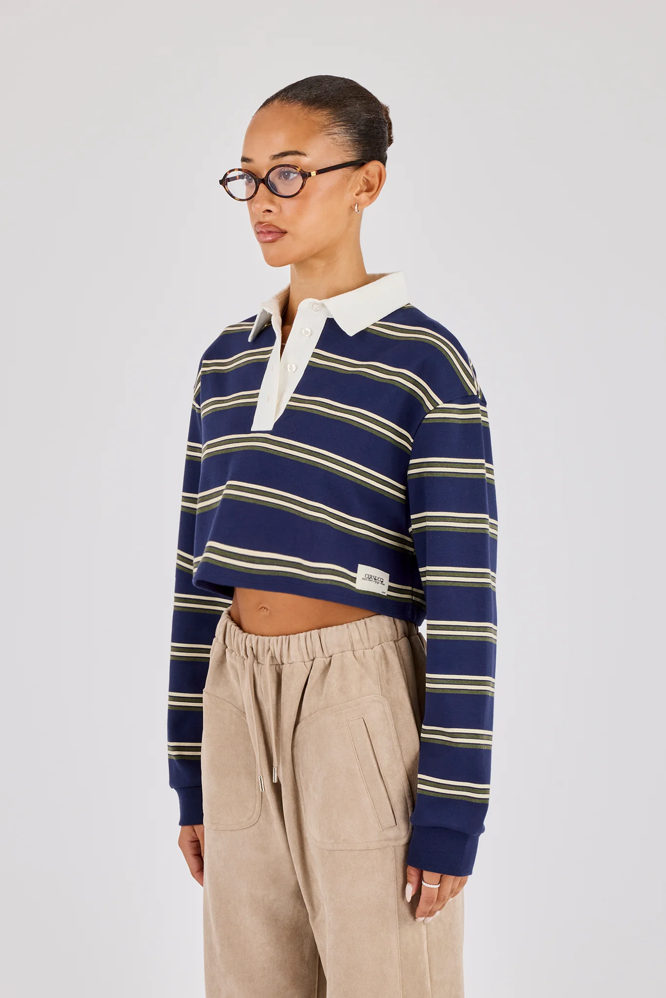 Long Sleeve Stripe Cropped Polo - Navy - Image 3