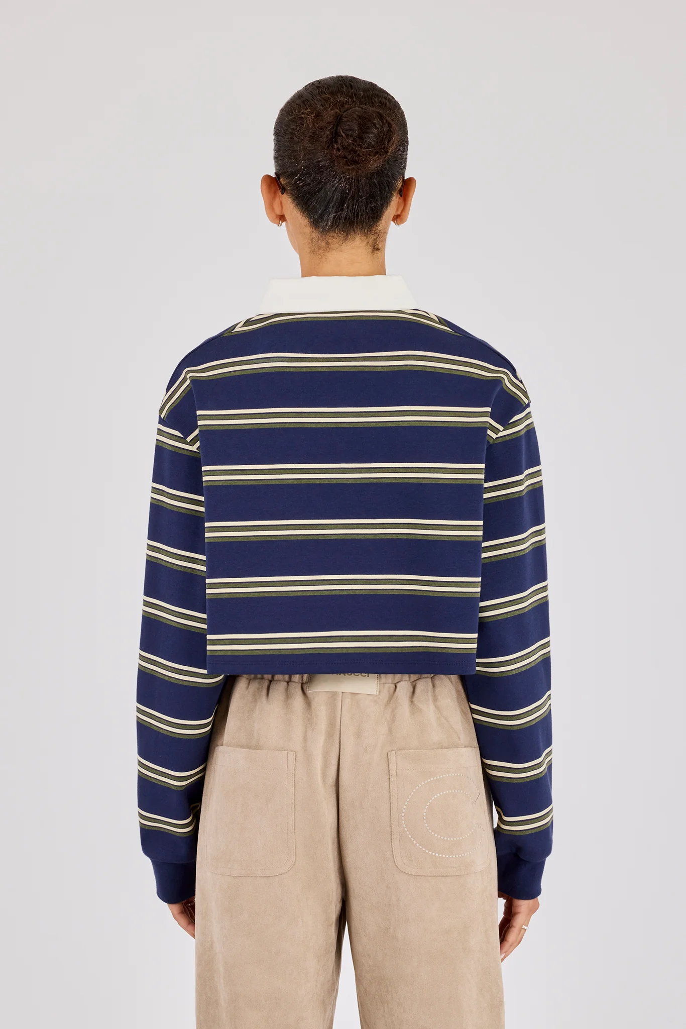 Long Sleeve Stripe Cropped Polo - Navy - Image 4