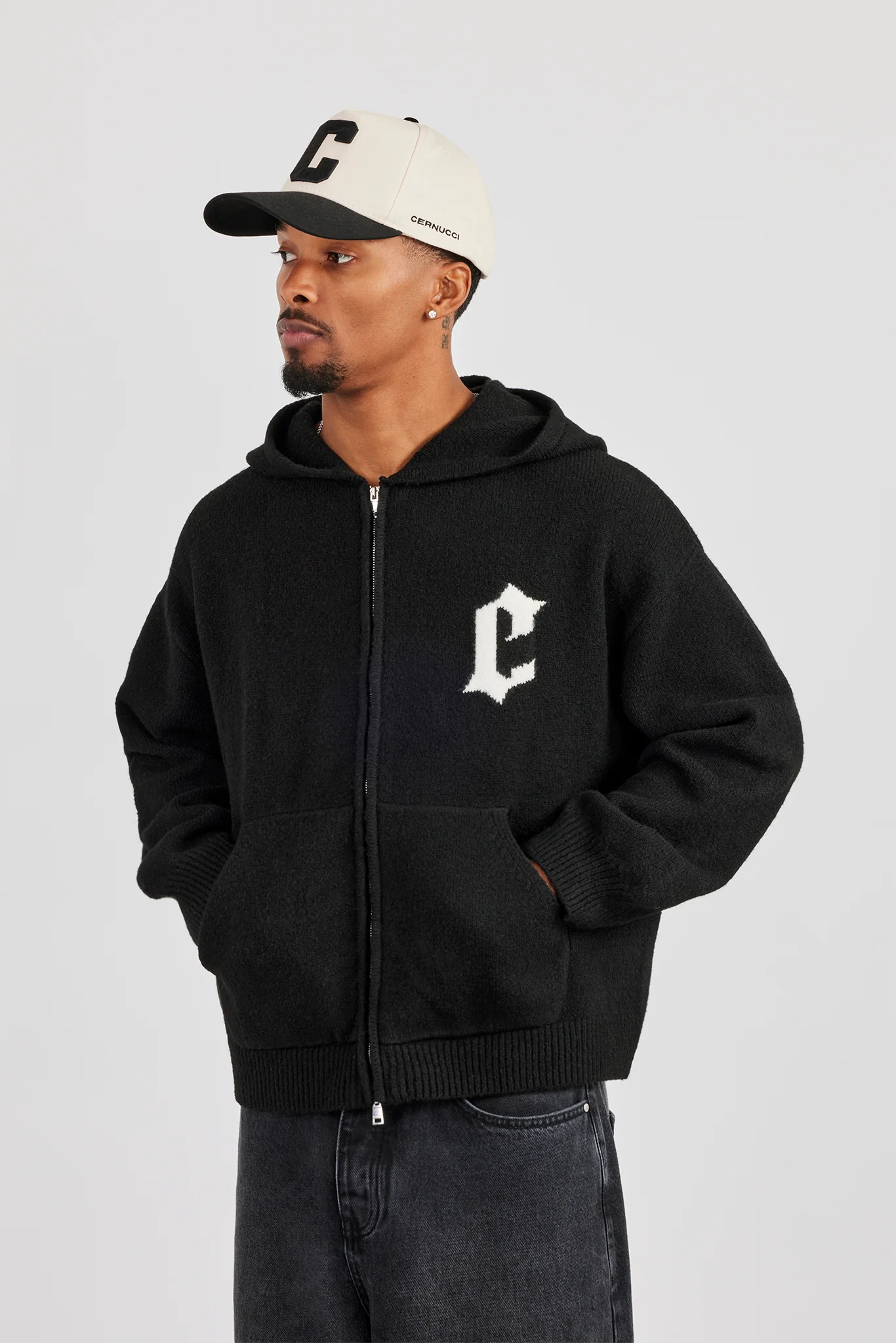 Mens C Knitted Zip Through Hoodie - Black - Image 2