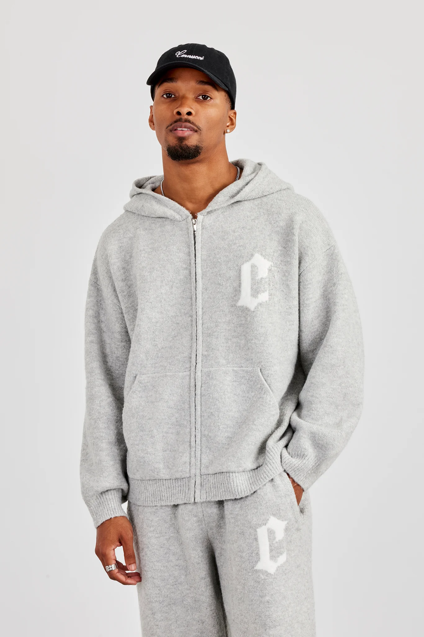 Mens C Knitted Zip Through Hoodie - Grey - Image 2
