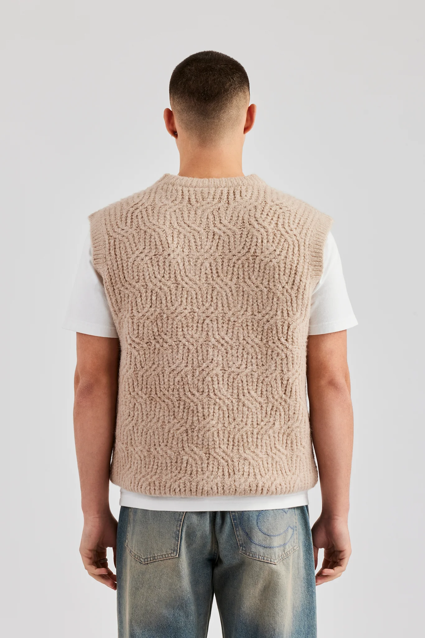 Mens Cable Knit Vest - Stone - Image 4