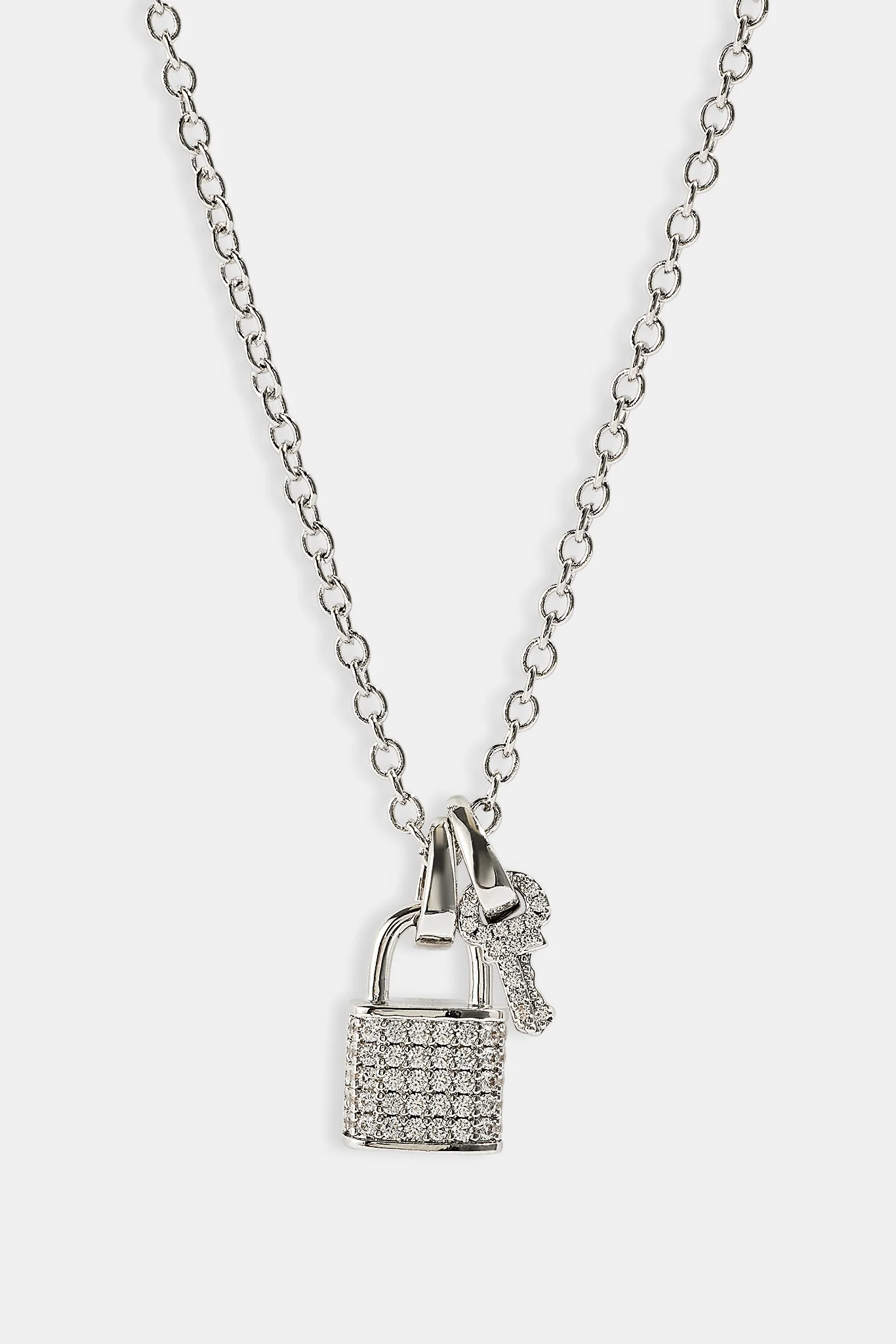 Mens Iced Padlock & Key Necklace - 15mm - White - Image 3