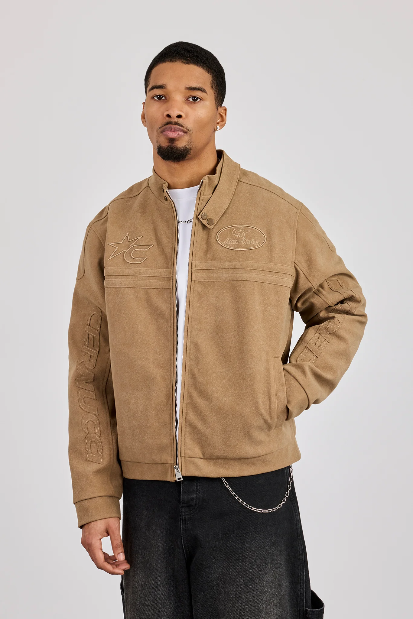 Mens Suede Applique Moto Jacket - Taupe - Image 2