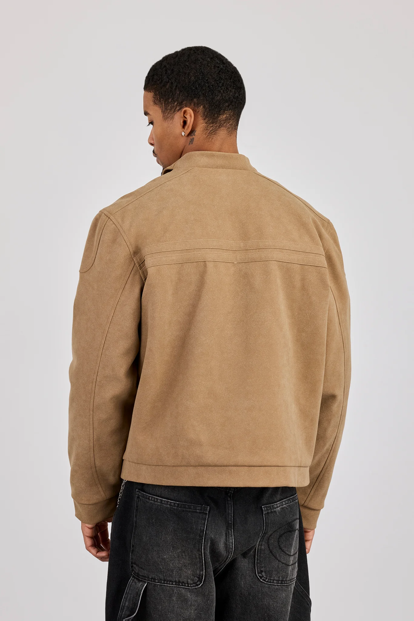 Mens Suede Applique Moto Jacket - Taupe - Image 3
