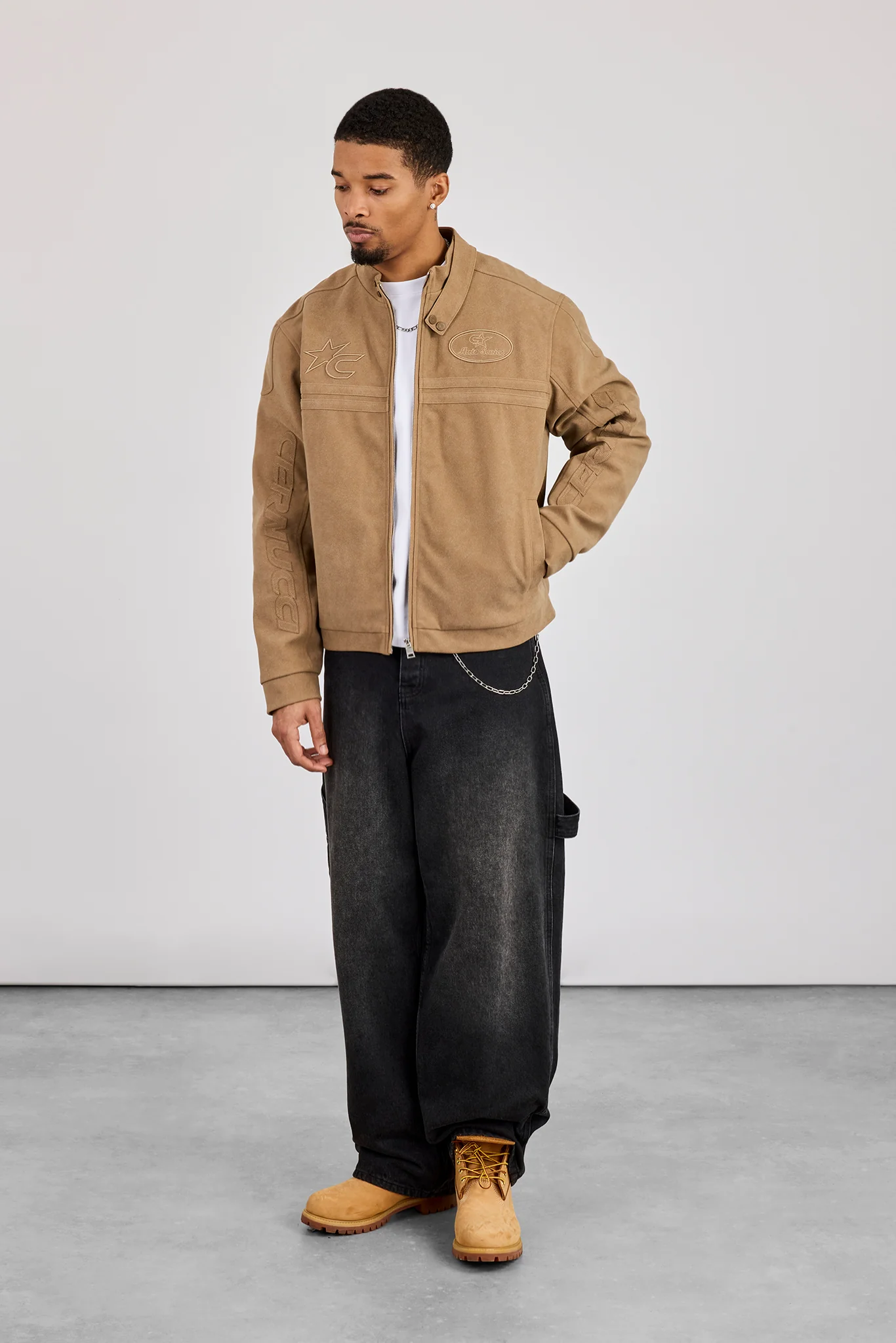 Mens Suede Applique Moto Jacket - Taupe - Image 4
