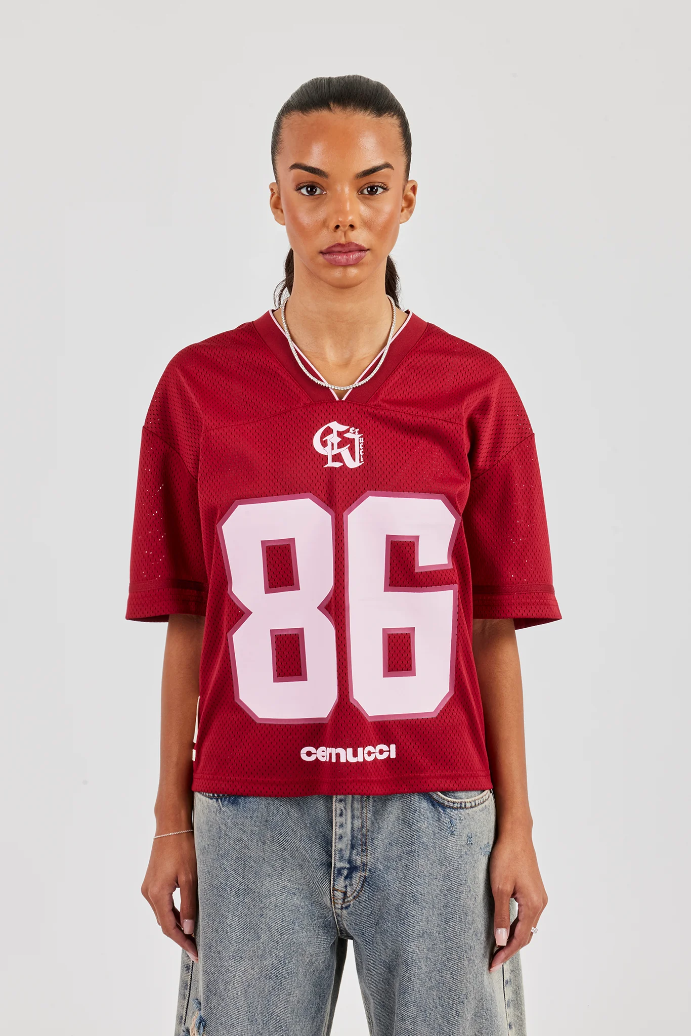 Mesh Woven Tab Football Top - Berry - Image 3